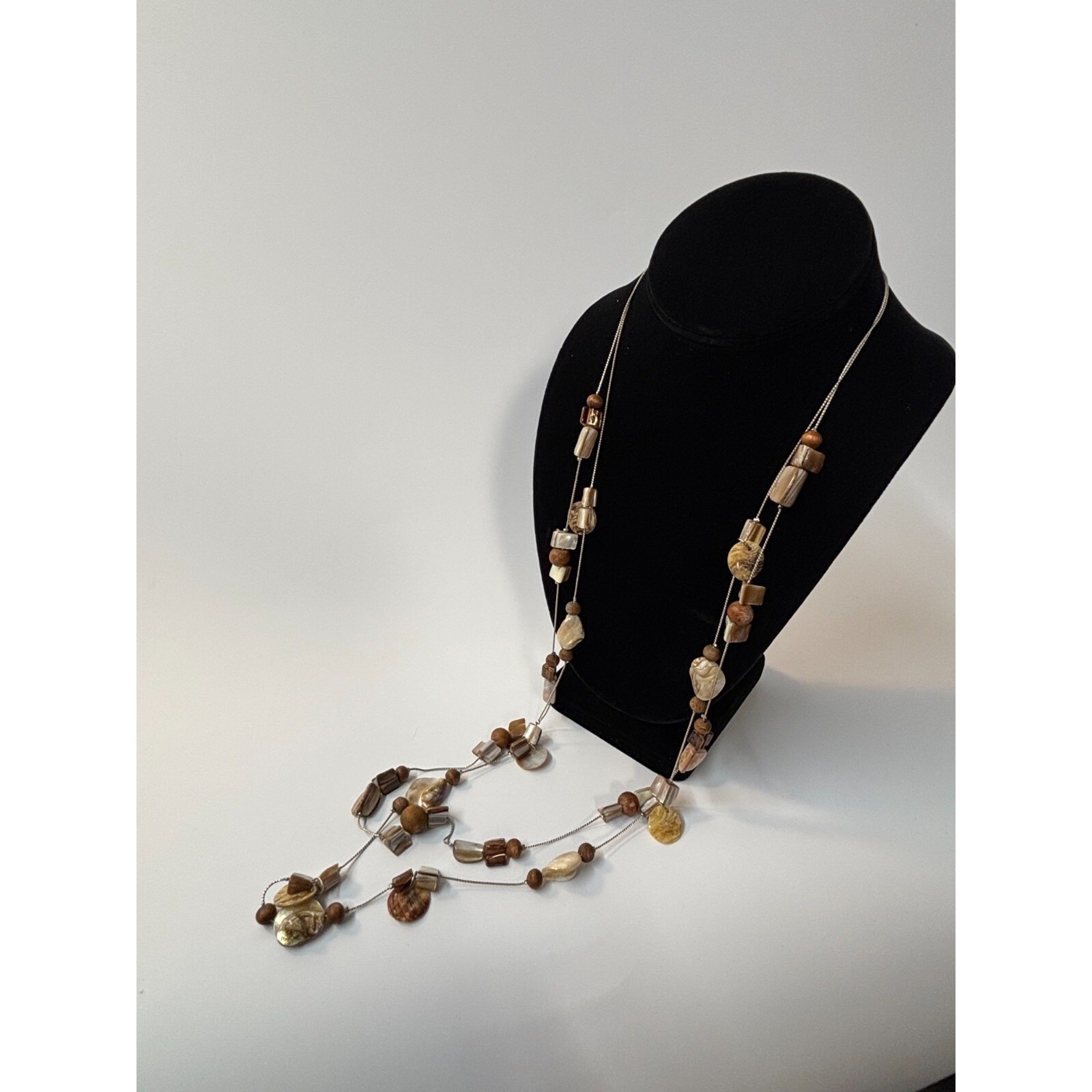 Long Statement Necklace Mother of Pearl Wood Beads Brown Artsy Boho Jewelry