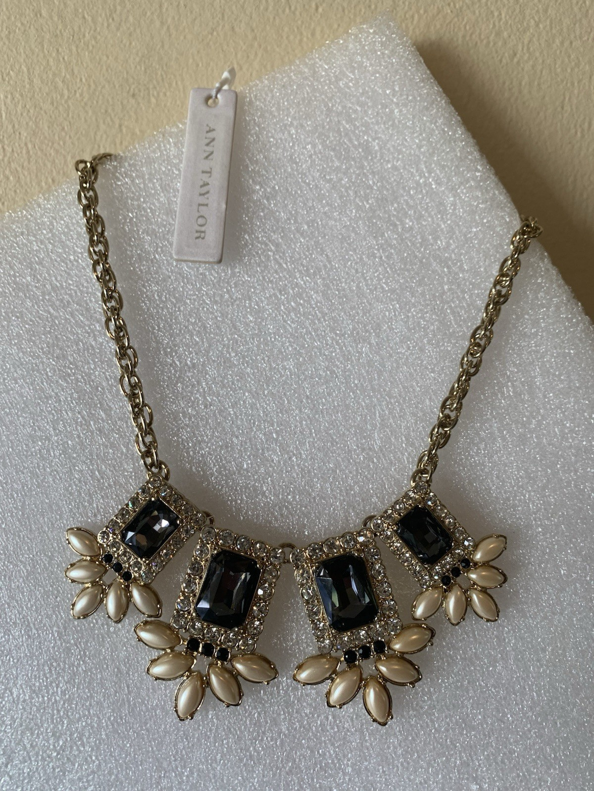 ANN TAYLOR Gold-Tone Cable Chain Statement Necklace, Black/Ivory Floral Crystal