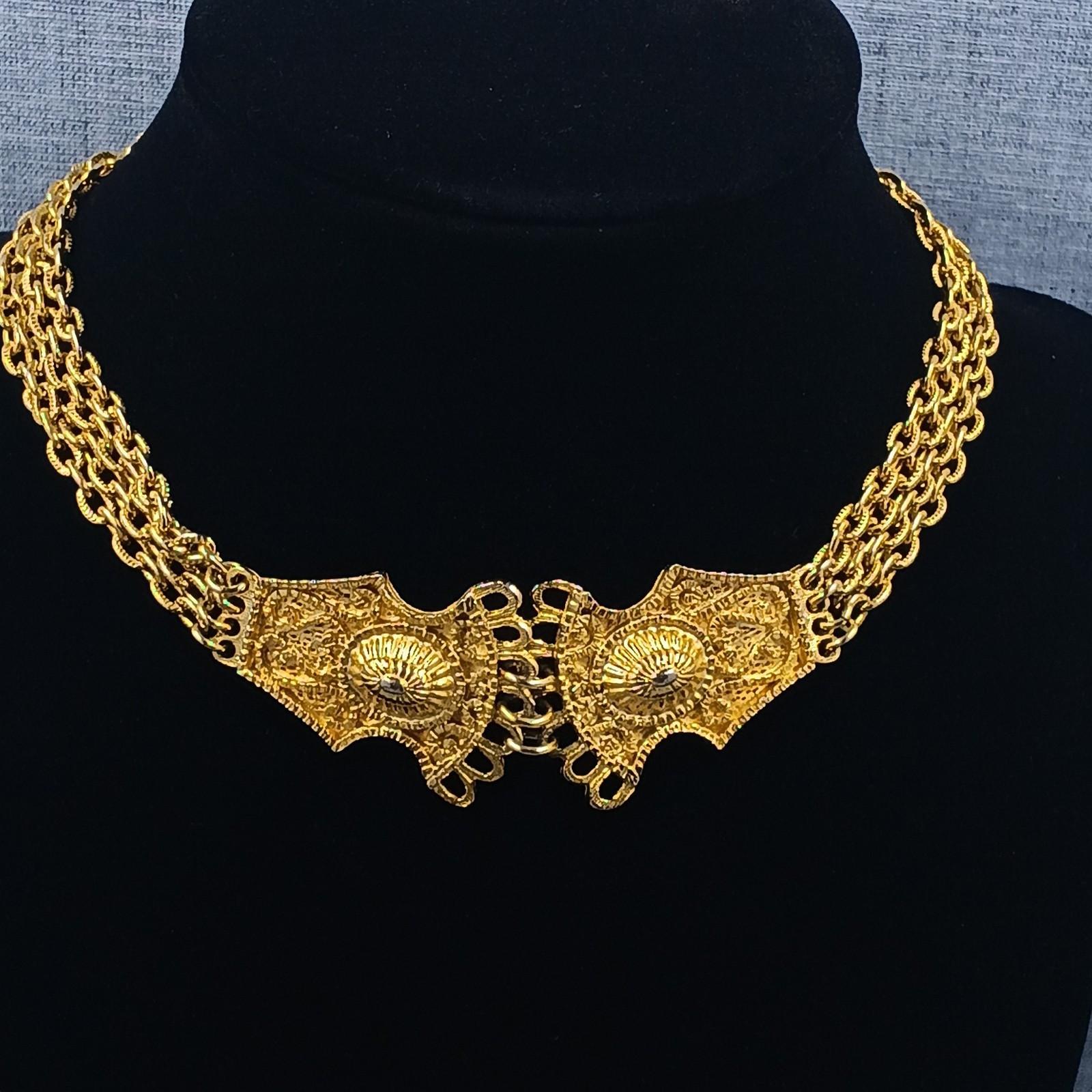 Vintage Gold Tone Ornate Filigree Multi Chain Choker Necklace 14″