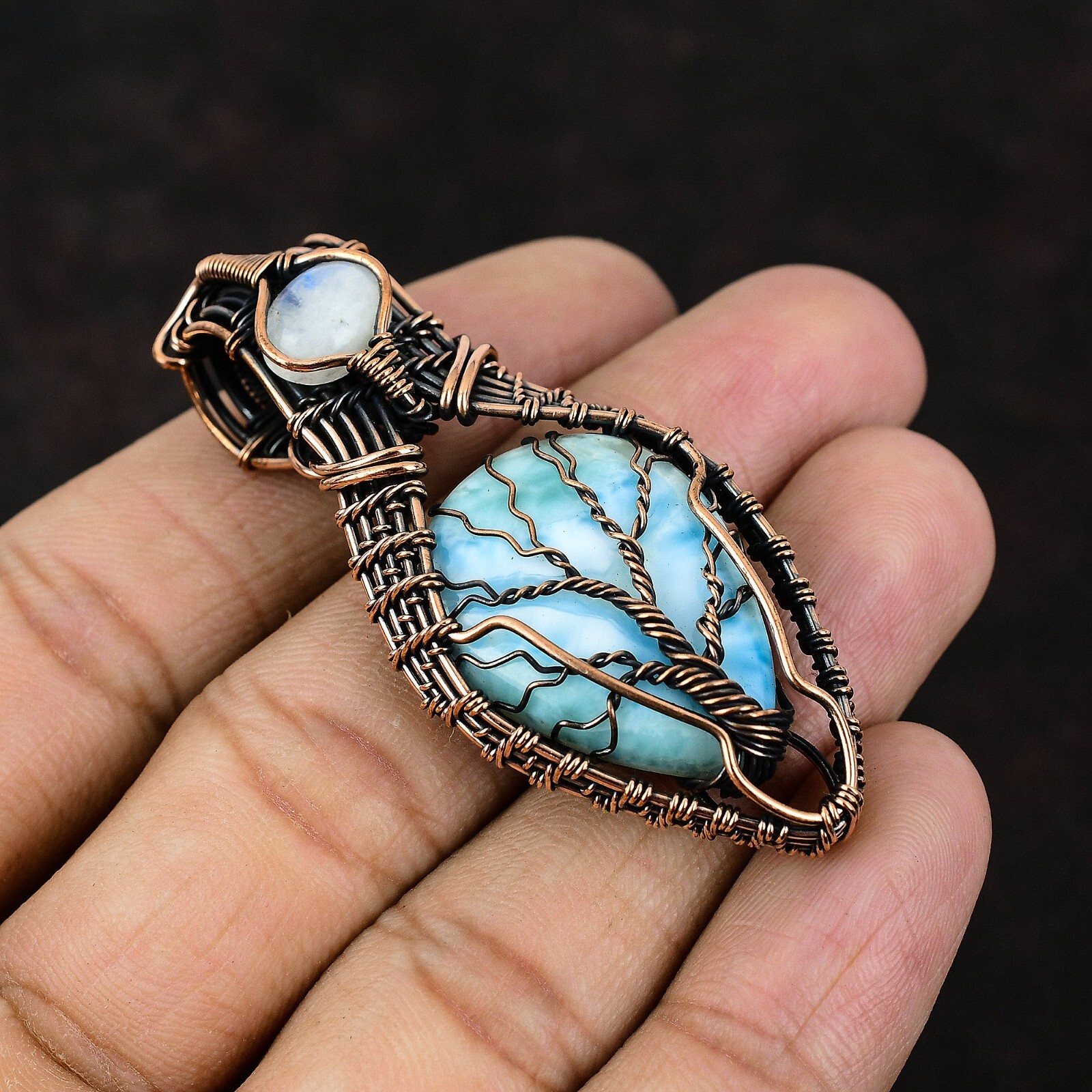 Larimar Wire Wrapped Tree Of Life Pendant Handcrafted Copper Unique Gift 2.44″
