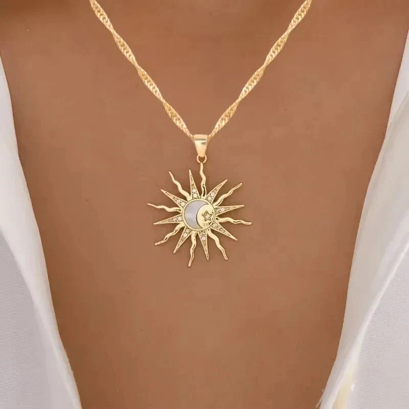 Sun Moon Star Rhinestone Pendant Necklace Retro Women Party Jewelry Gift Charm