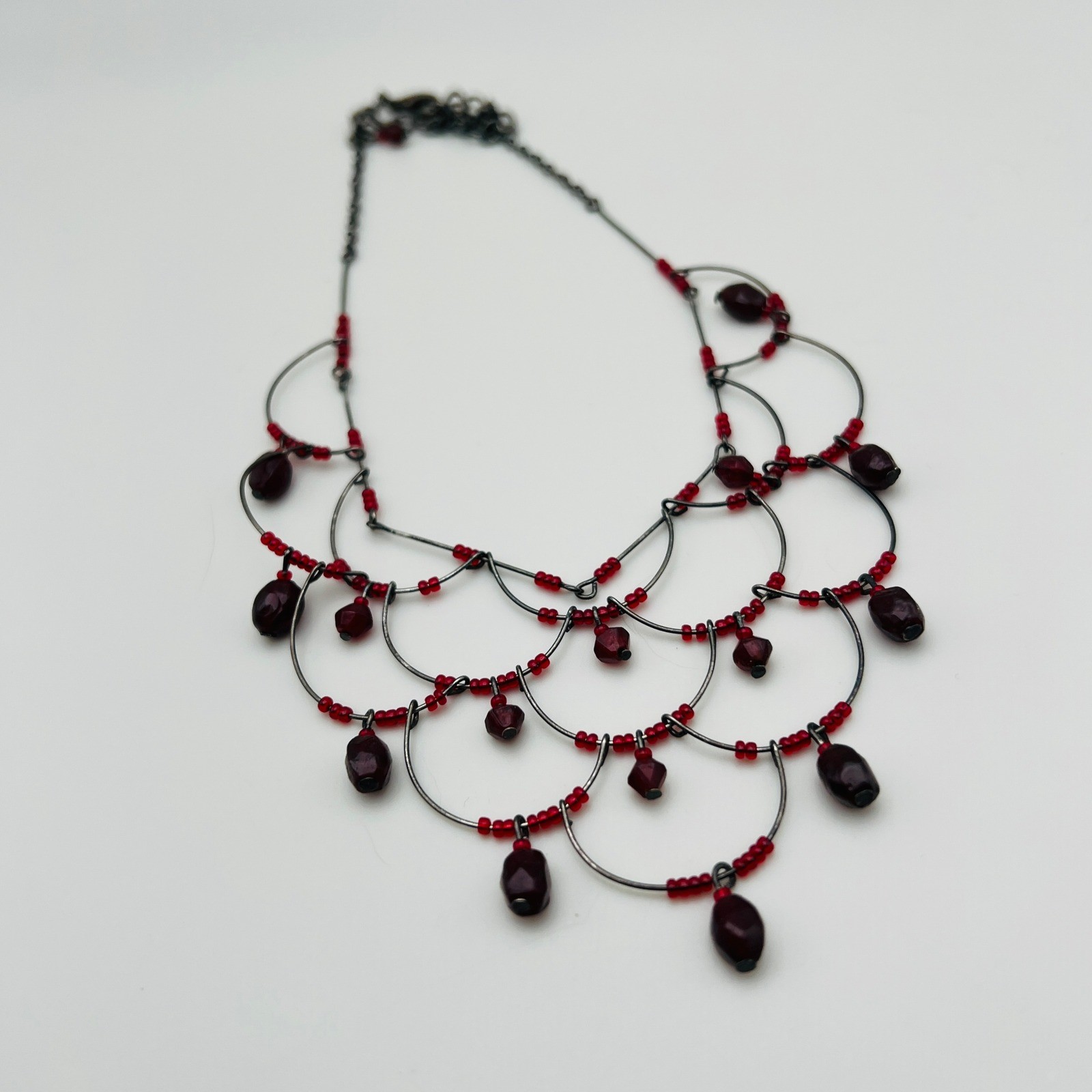 Red Beaded Bib Necklace Gunmetal Wire Statement Boho Fashion Jewelry