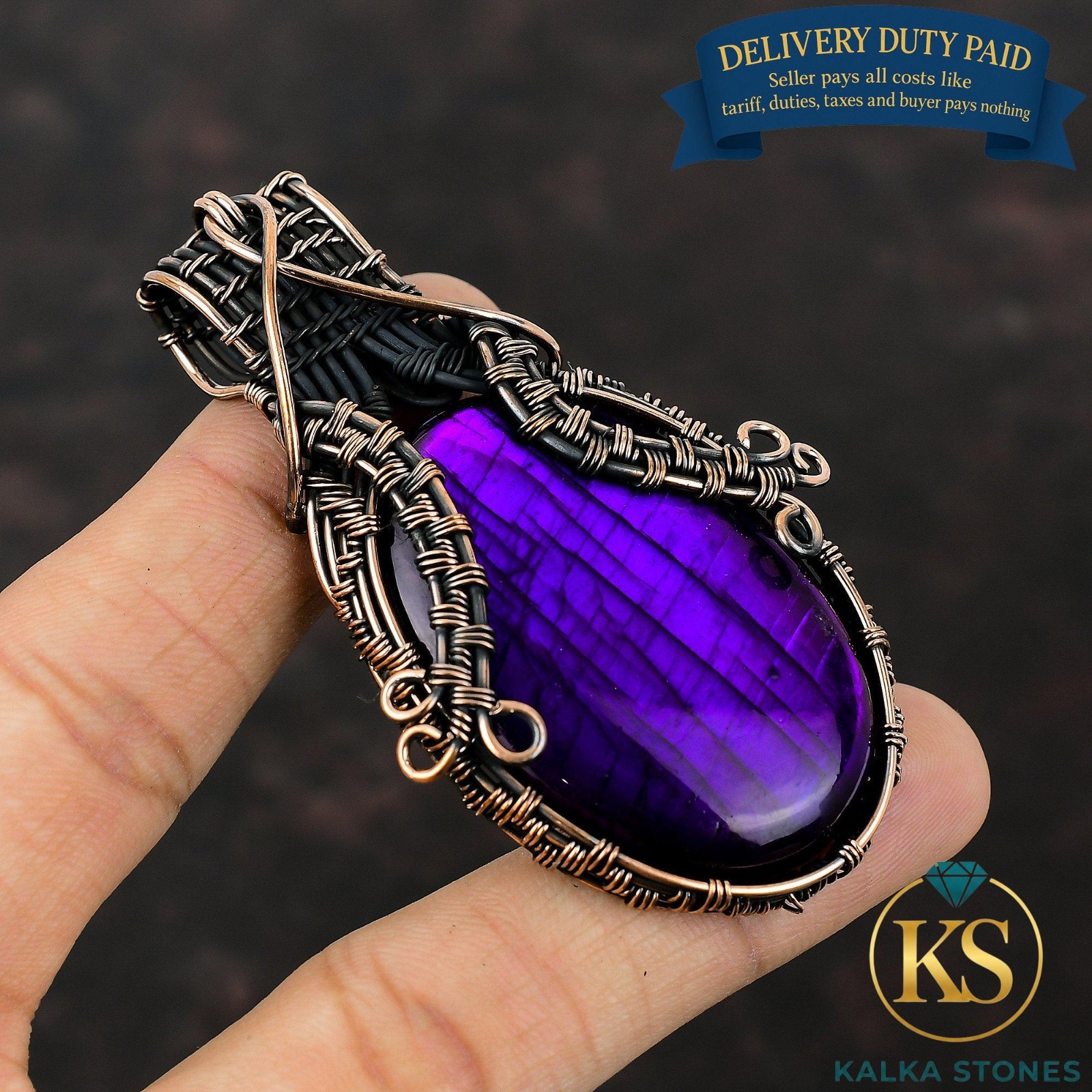 Oval Natural Purple Fire Labradorite Wedding Wire Wrapped Pendant Jewelry Copper