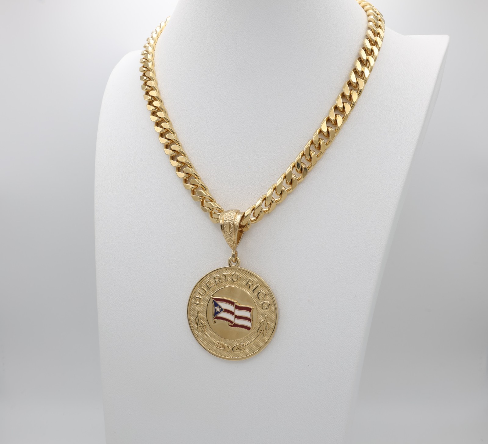 Gold Puerto Rico Flag Necklace Pendant Necklace 10mm Cuban Link Chain