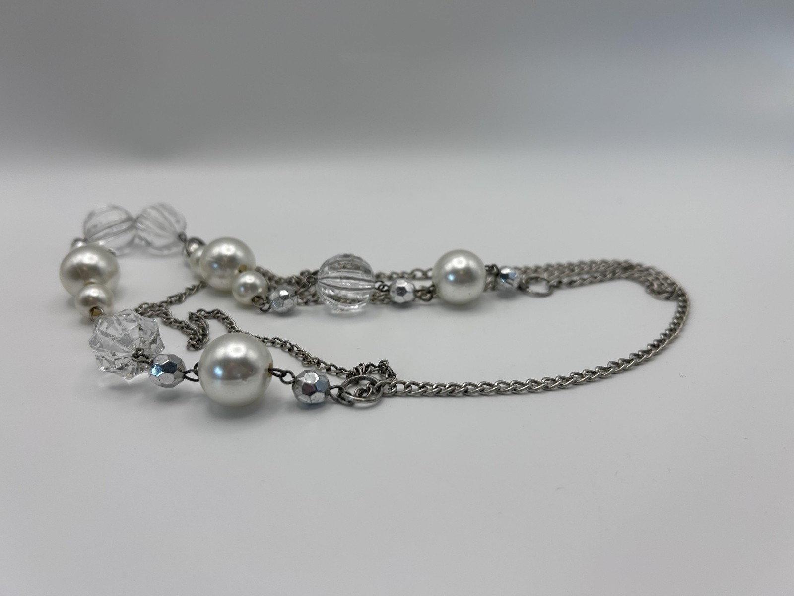Necklace Silver Tone Layered Imitation Pearl Beaded Statement Lobster Clasp