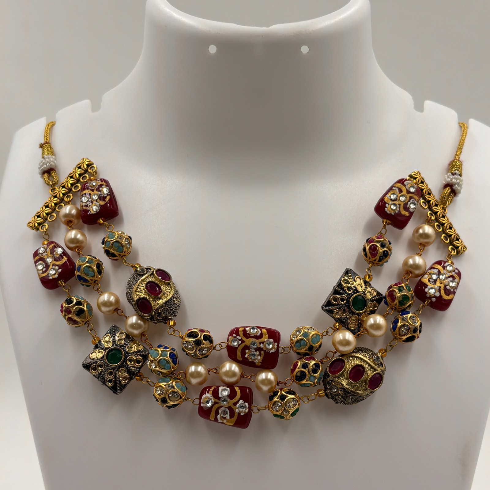 Gold Tone Multicolor Beaded Necklace Set Indian Ethnic Kundan Style Jewelry