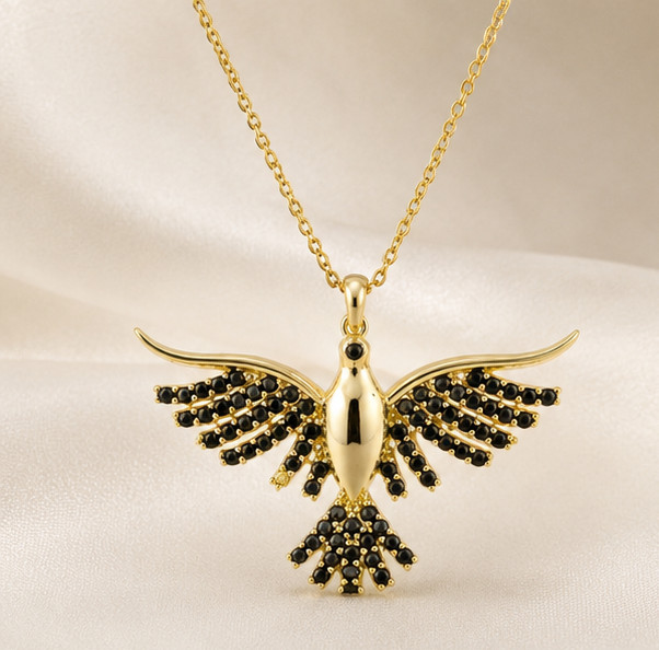 1.20Ct Round Cut Simulated Black Diamond Bird Pendant 14K Yellow Gold Plated