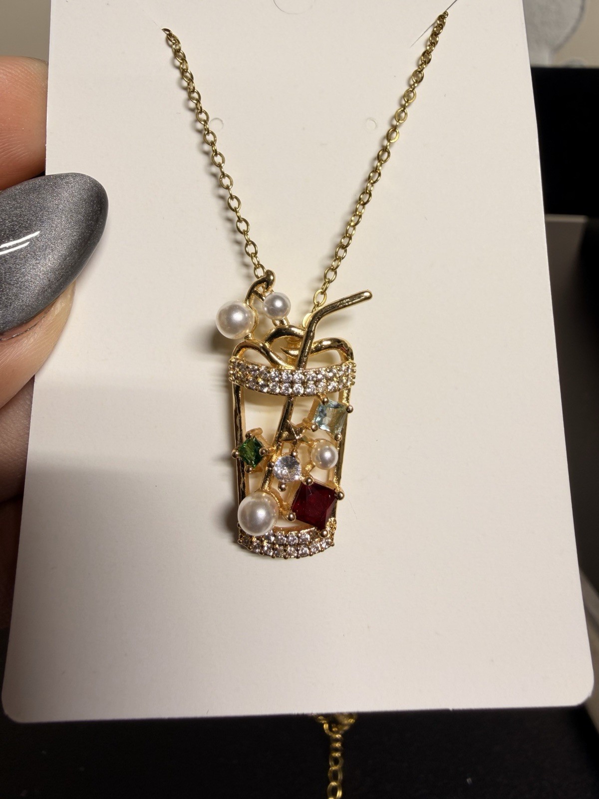 Gold Plated Pavé Rhinestone & Sim Pearl Cup Charm Pendant Cable Chain Necklace