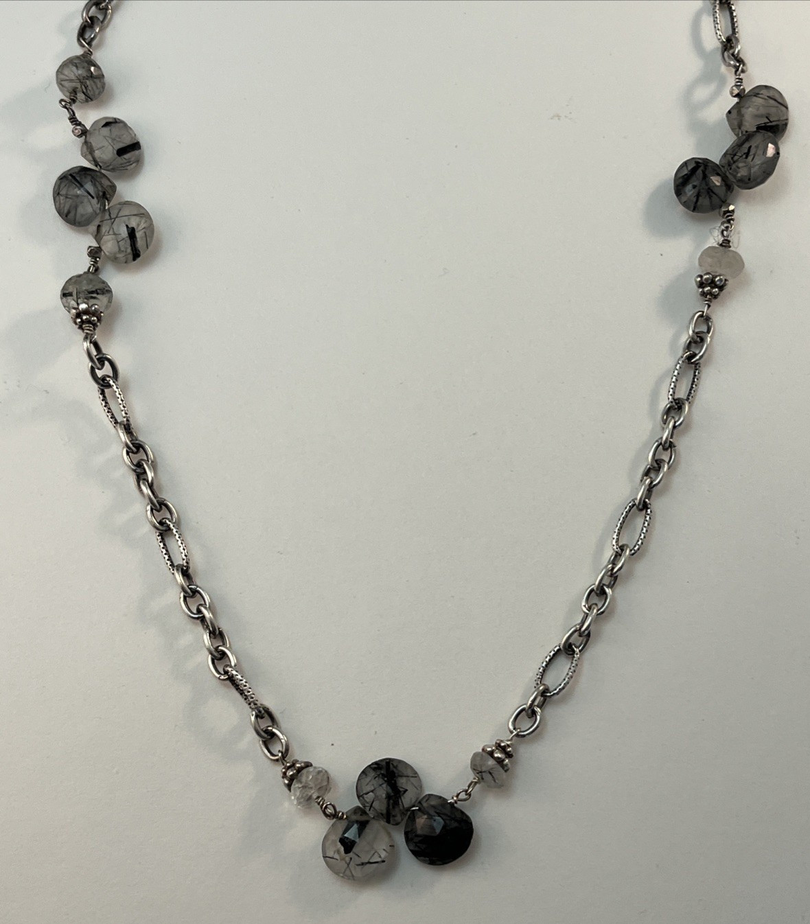 Silver Tone Black/Clear Rutilated Quartz Station Chain Necklace 46″