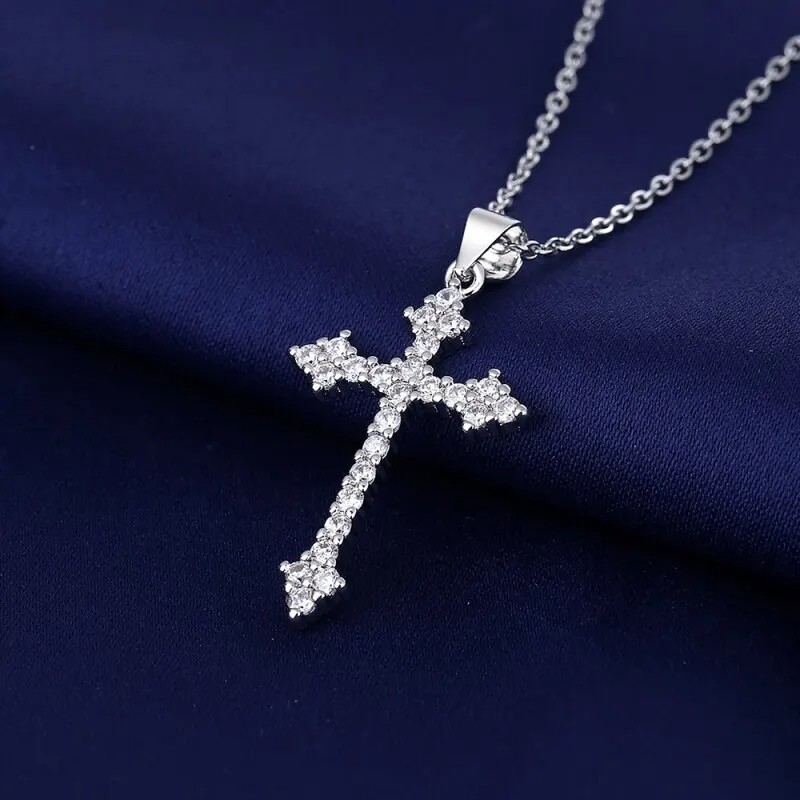Cross necklace pendant with simulated lab diamonds 925 sterling White Gold