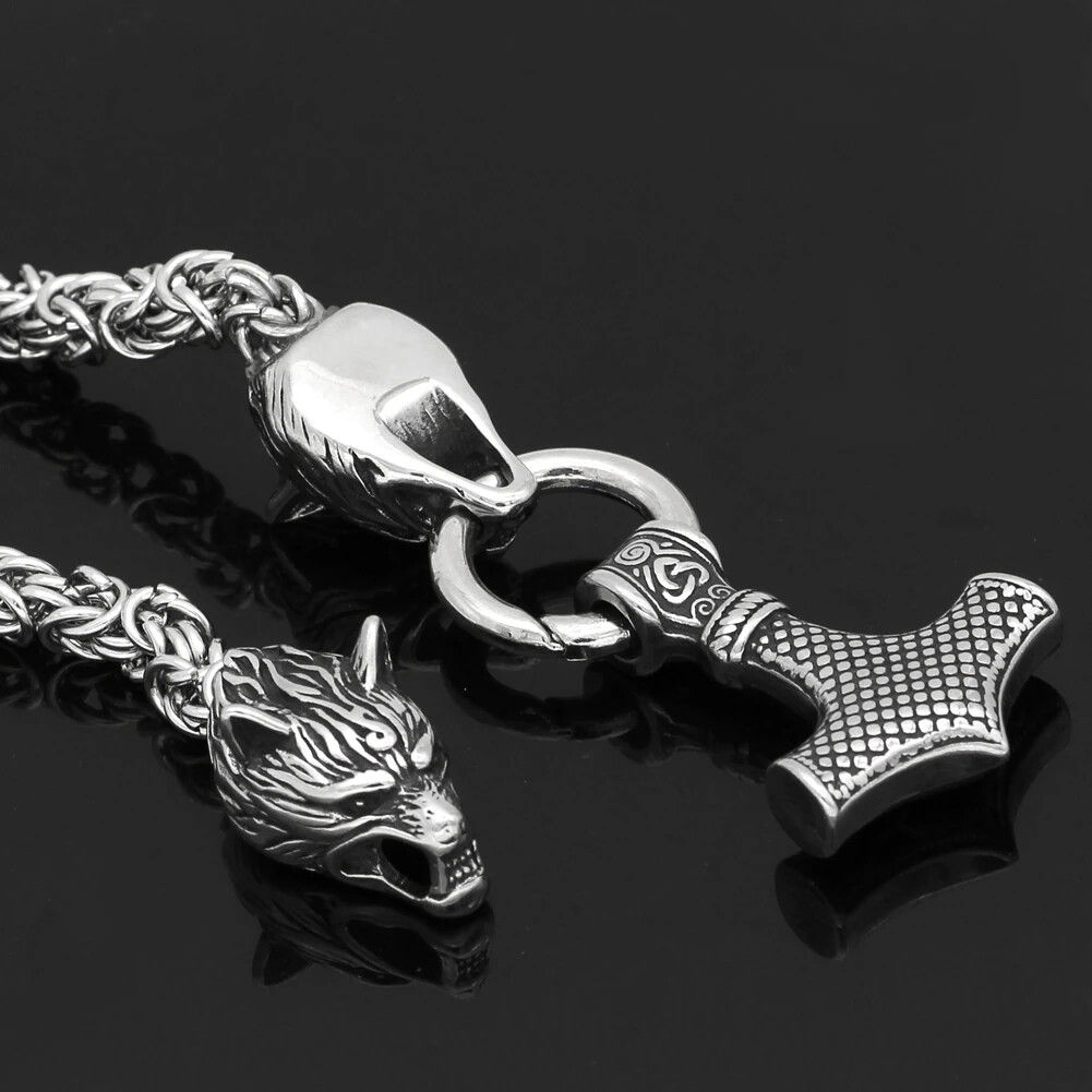 Men Viking Stainless Steel Wolf Thor Hammer Pendant Necklace Norse Mjolnir Odin