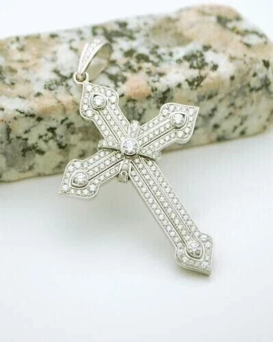 14K White Gold Plated Silver 2Ct Lab Created Diamond Round Men’s Cross Pendant