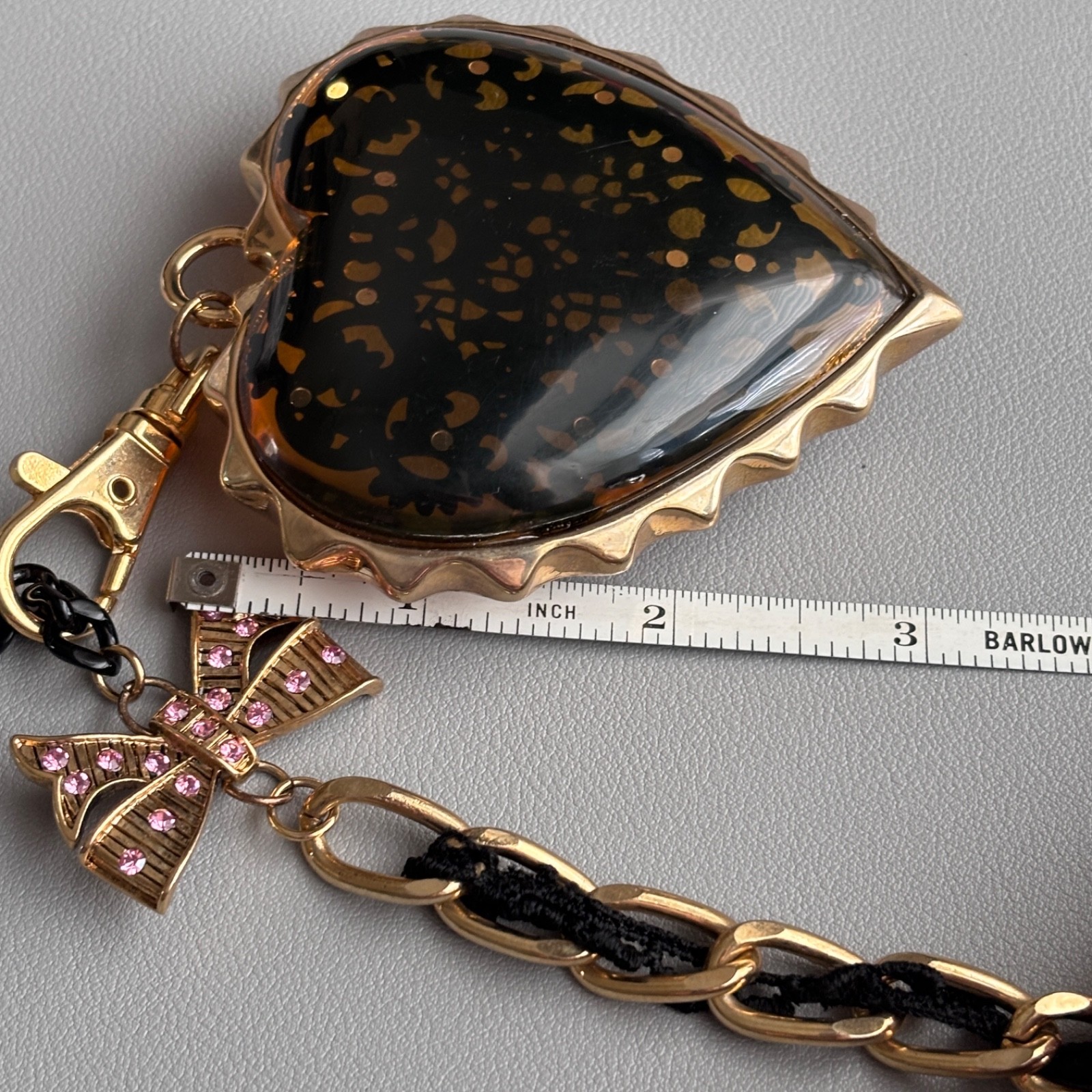 Betsey Johnson Large Lucite Heart Necklace Gold Tone Chain Black Ribbon