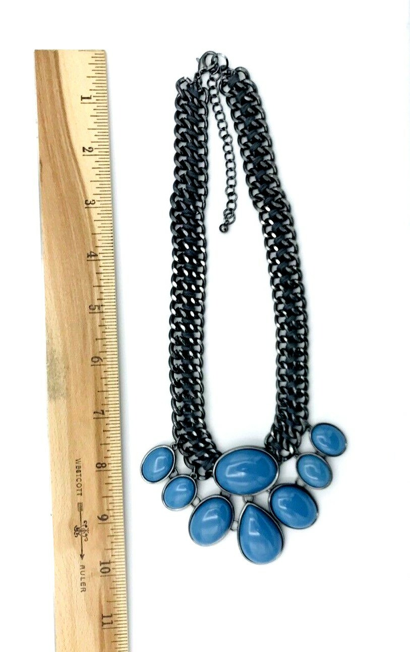 Woven Double Black Curb Chain Blue Cabochon Statement Necklace