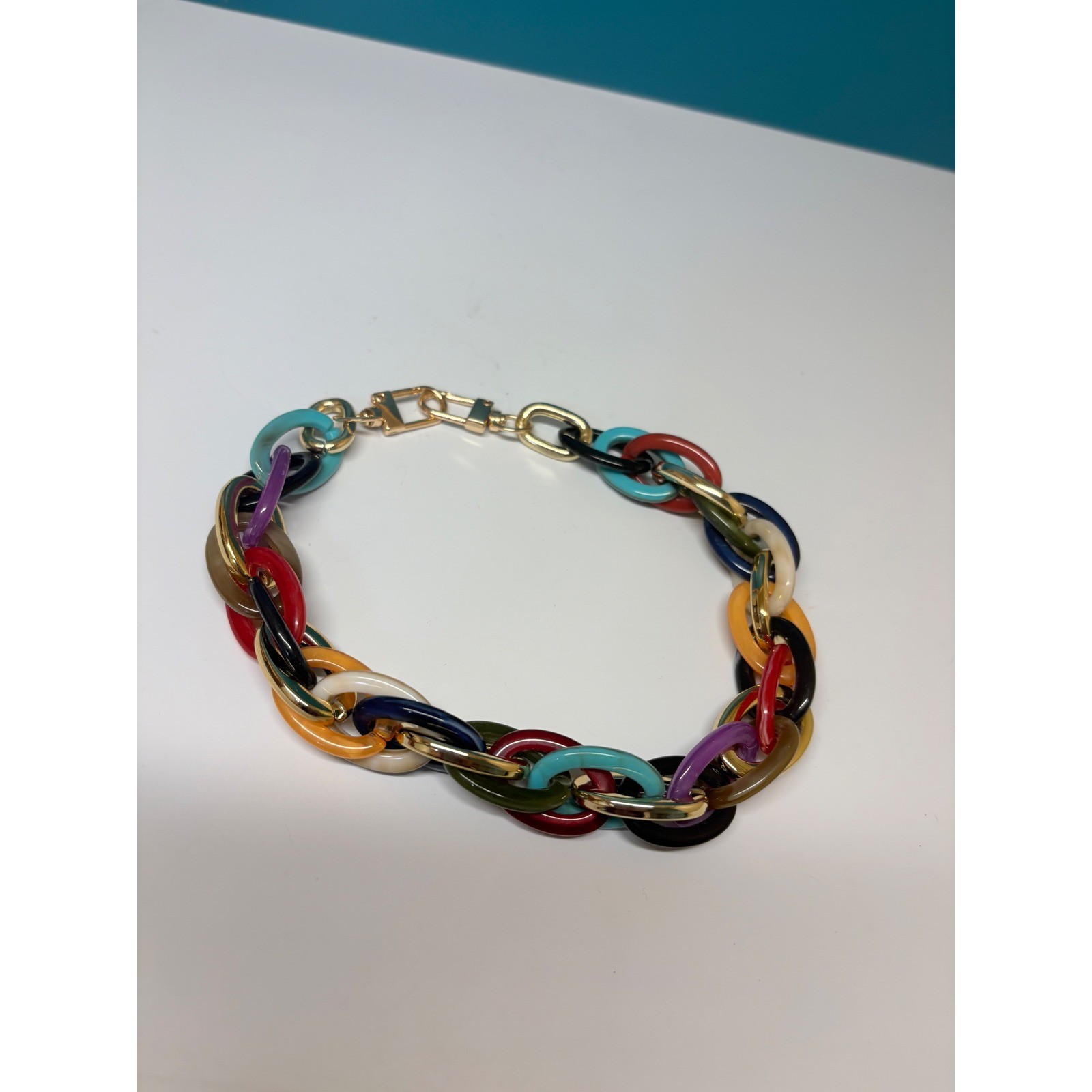 Multicolor Chunky Link Choker Necklace Gold Tone Resin Acrylic Statement