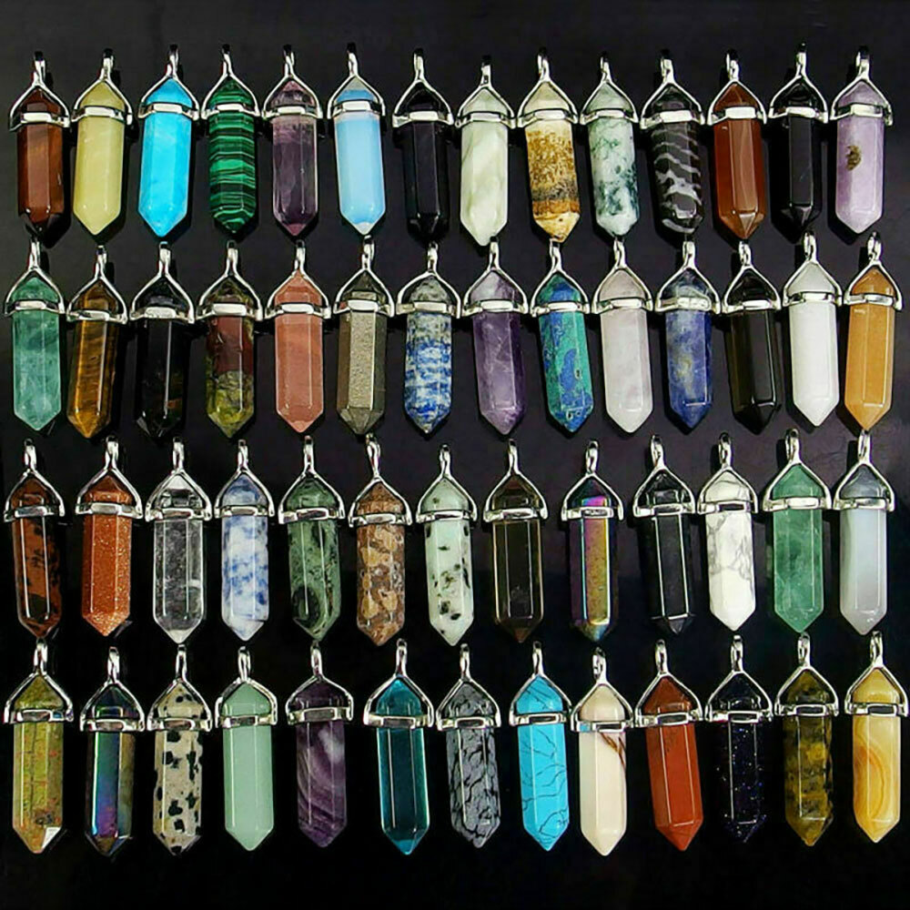 16PCS Healing Glass Gemstones Hexagonal Pointed Reiki Chakra Cap Pendant Bead