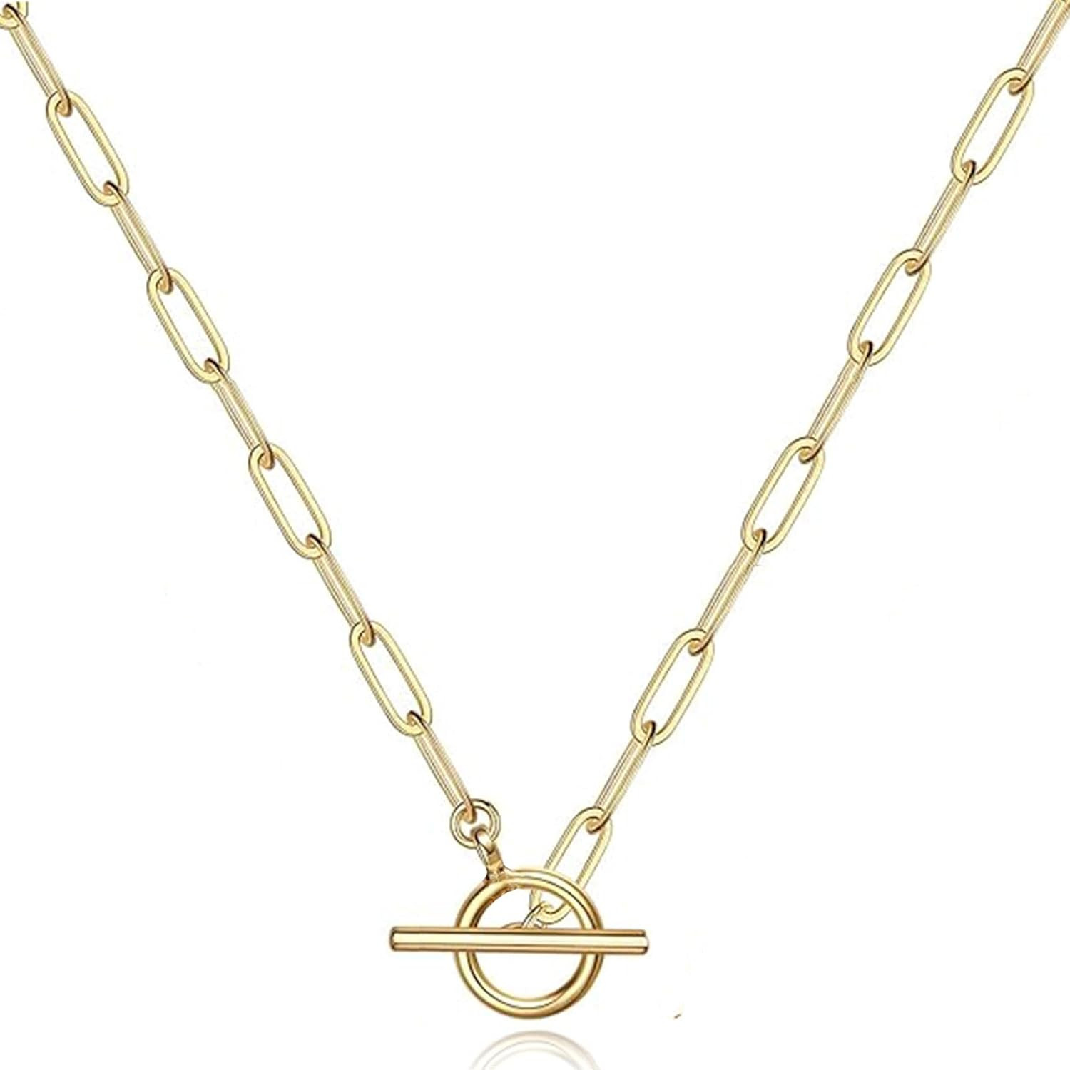 Toggle Necklace 14K Gold Plated Paperclip Chain Choker Stainless Steel Cable