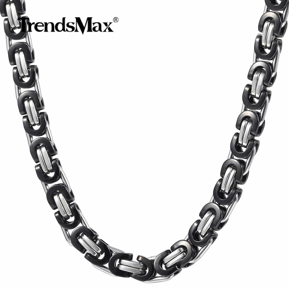 7mm 18-30″ Mens Chain Flat Byzantine Black/Silver/Gold Stainless Steel Necklace