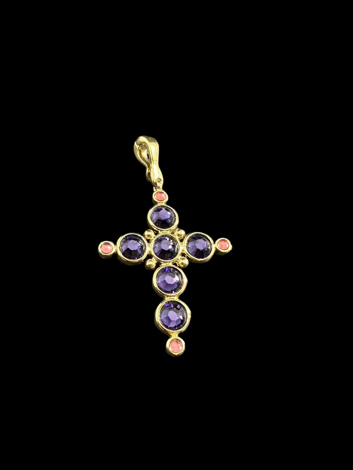 Pendant Cross Signed Francesca Visconti Gold Tone Pink And Purple Rhinestone