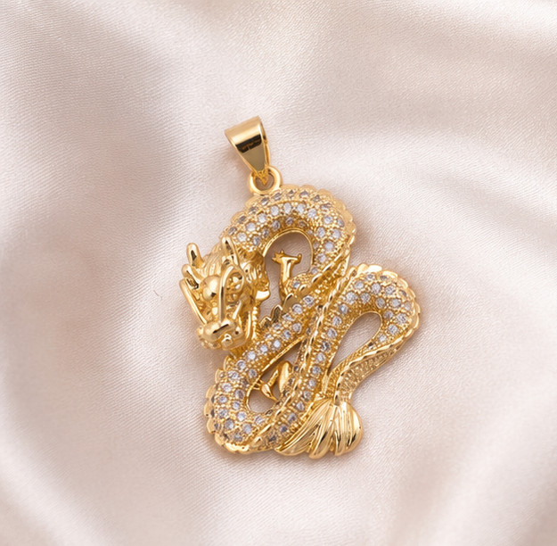 2ct Round Cut Simulated Diamond Mythical Dragon Pendant 14k Yellow Gold Plated