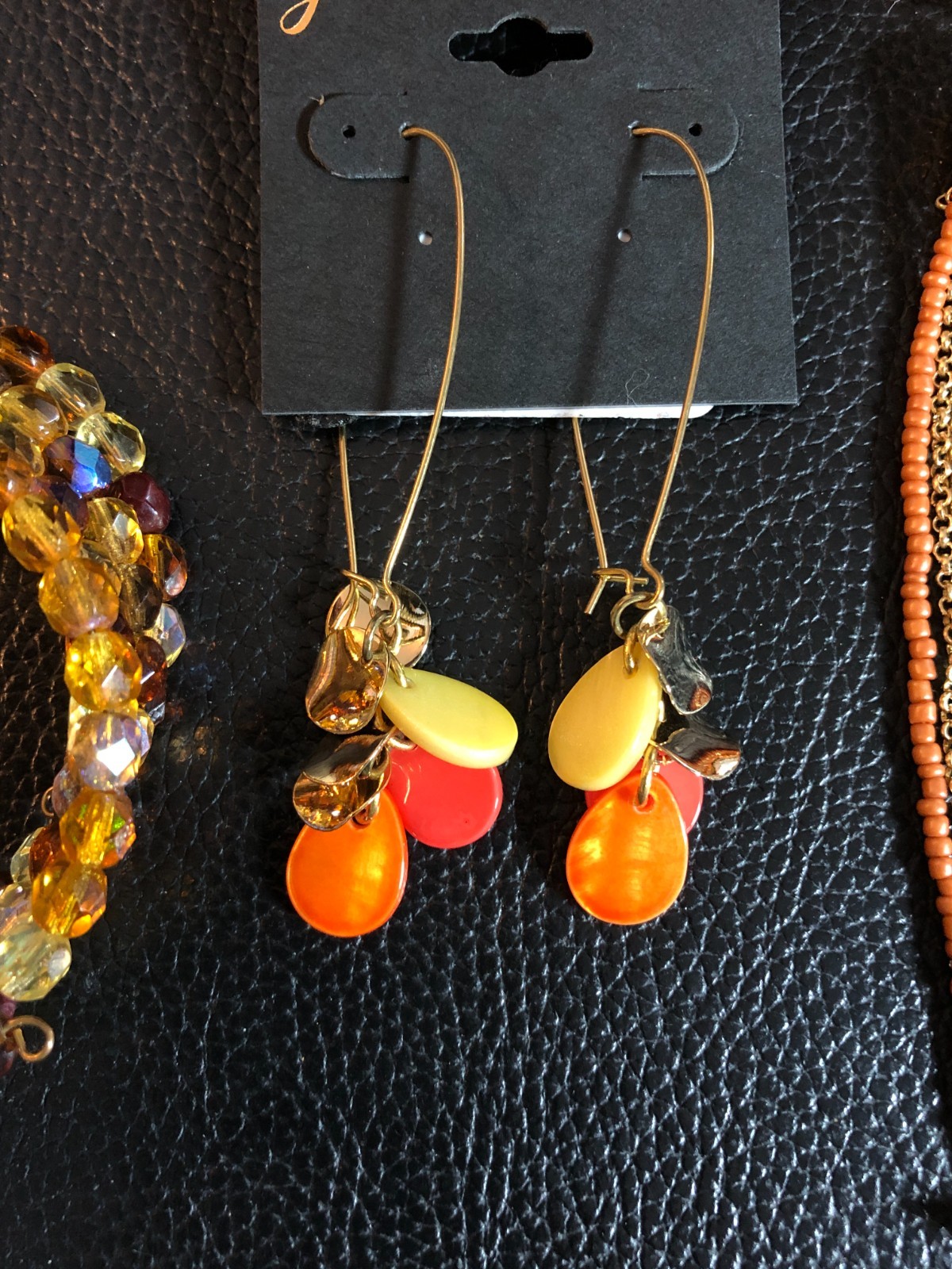Gold Red Orange Art Glass Bead Tassel Necklace + Earrings Wrap Bracelet LOT 8629