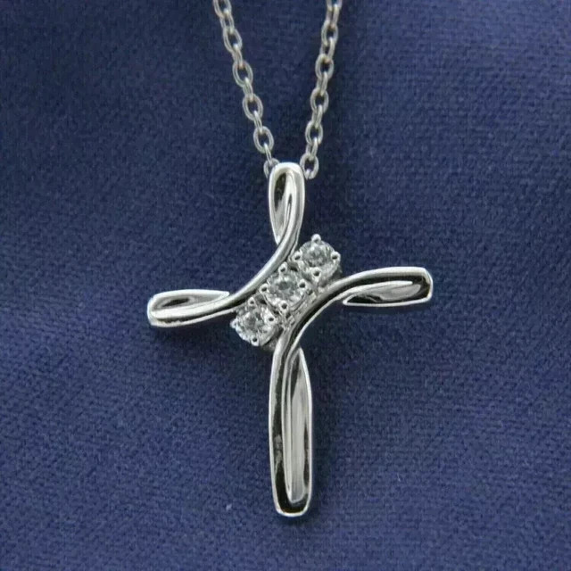 14k White Gold Plated 1.50Ct Round Cut Simulated Diamond Cross Pendant Necklace