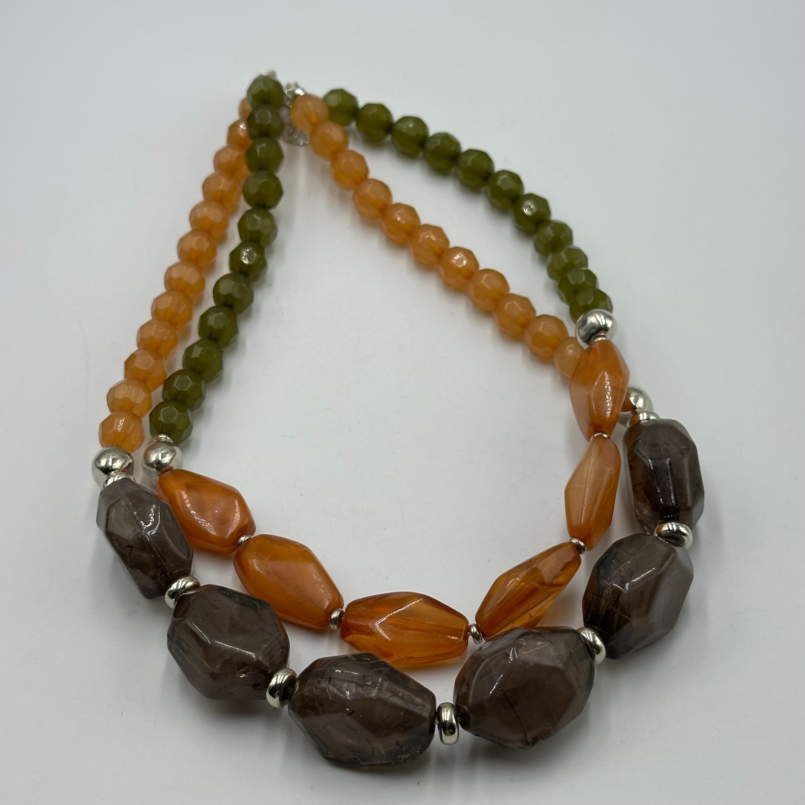 Multicolored Bead Necklace Silver Tone Orange Brown Green Color Block 2 Strand