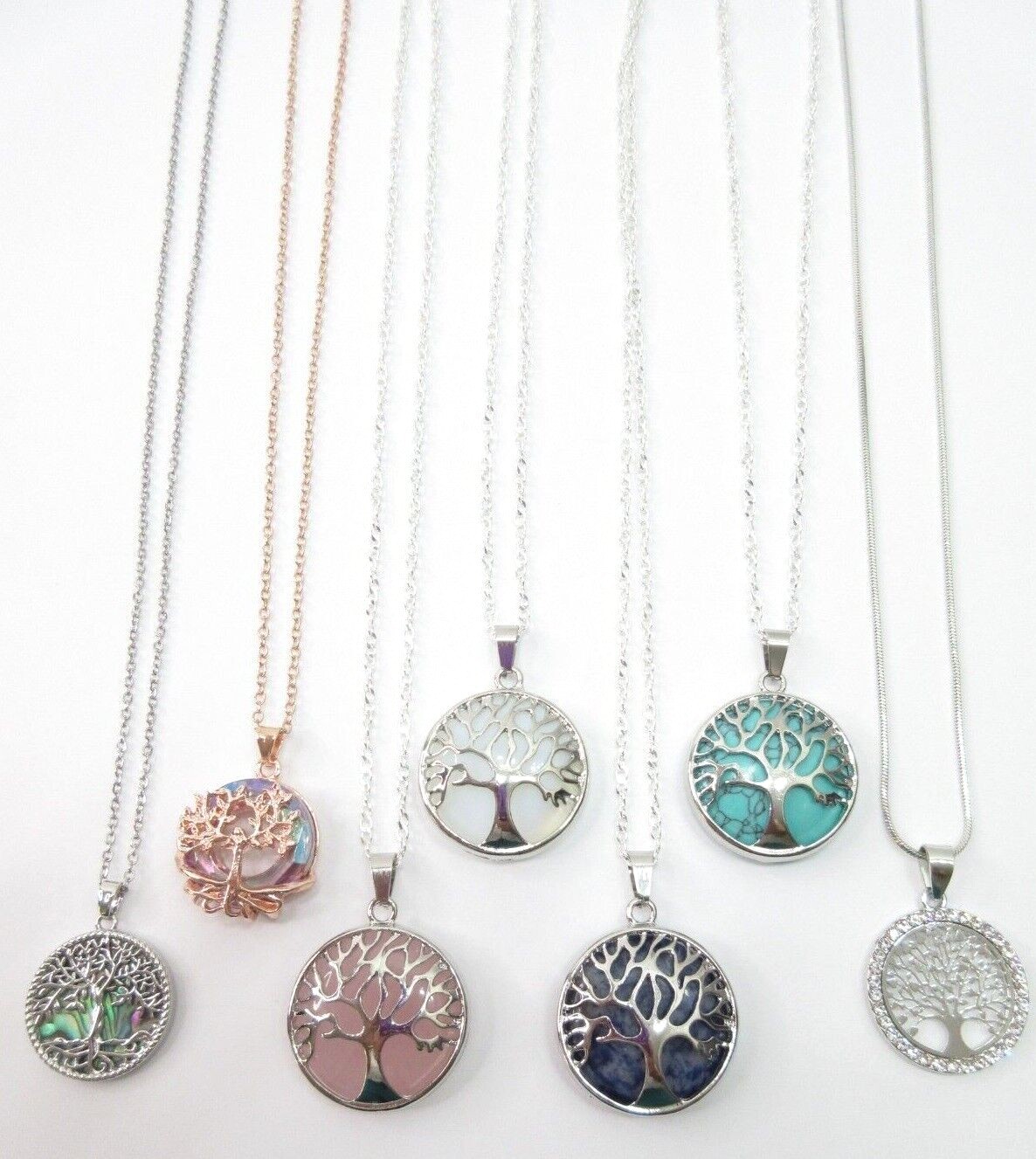 Tree Of Life Necklace Pendant Silver Gemstones Abalone Blue Family Strength Gift