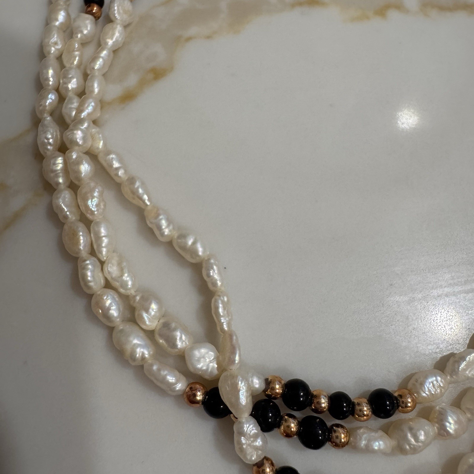 multi-strand baroque pearl beaded necklace black beads gold tone accents hook