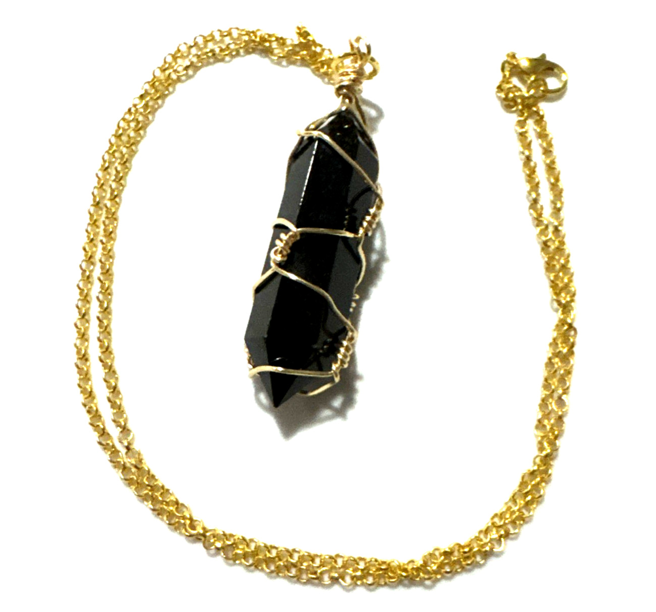 Black Obsidian Pendant Necklace Jewelry Gold Tone 21″ Chain Genuine Stone Bling