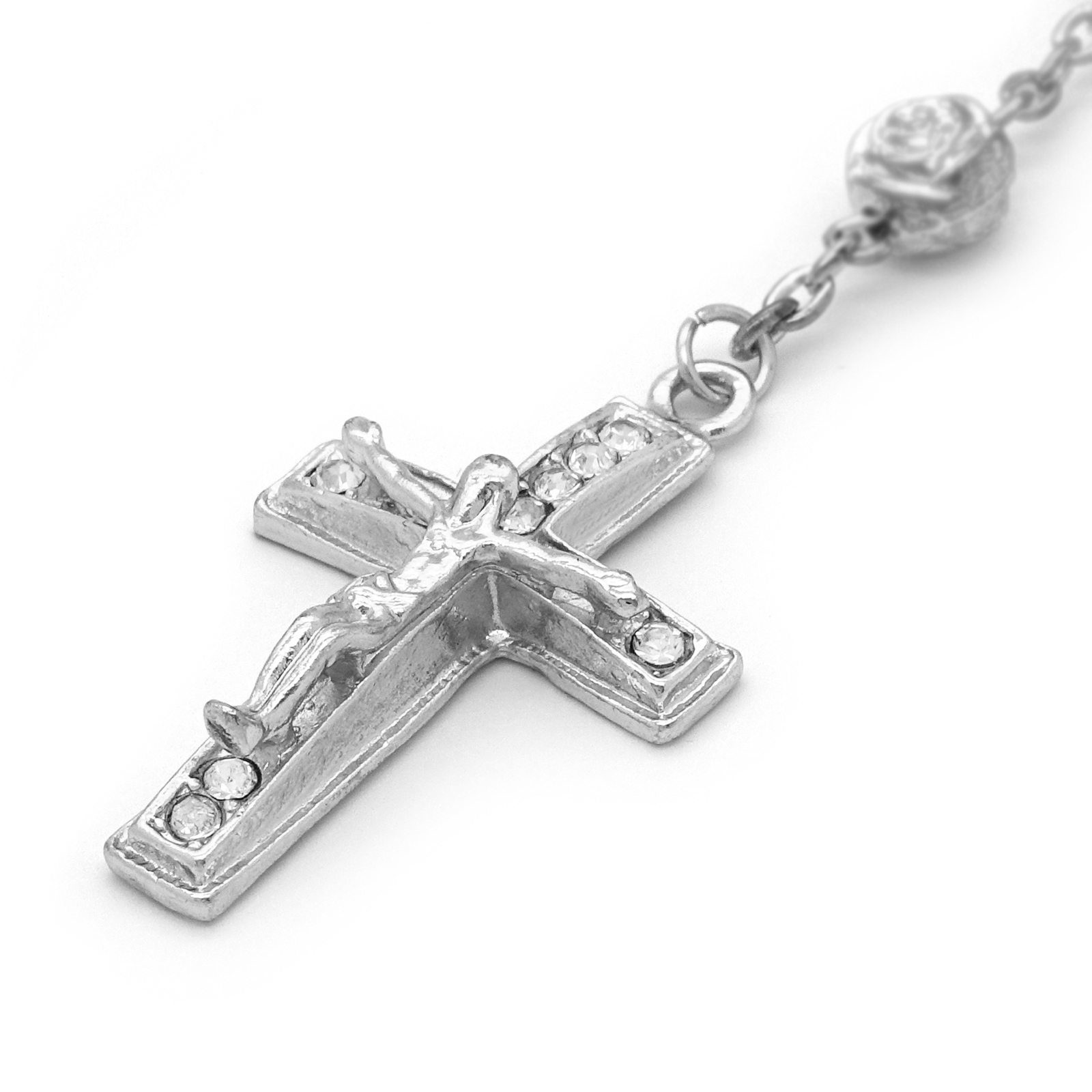 Hip Hop 8mm SILVER plated Beads D-Shape Cubic-Zirconia Rosary & Jesus Cross