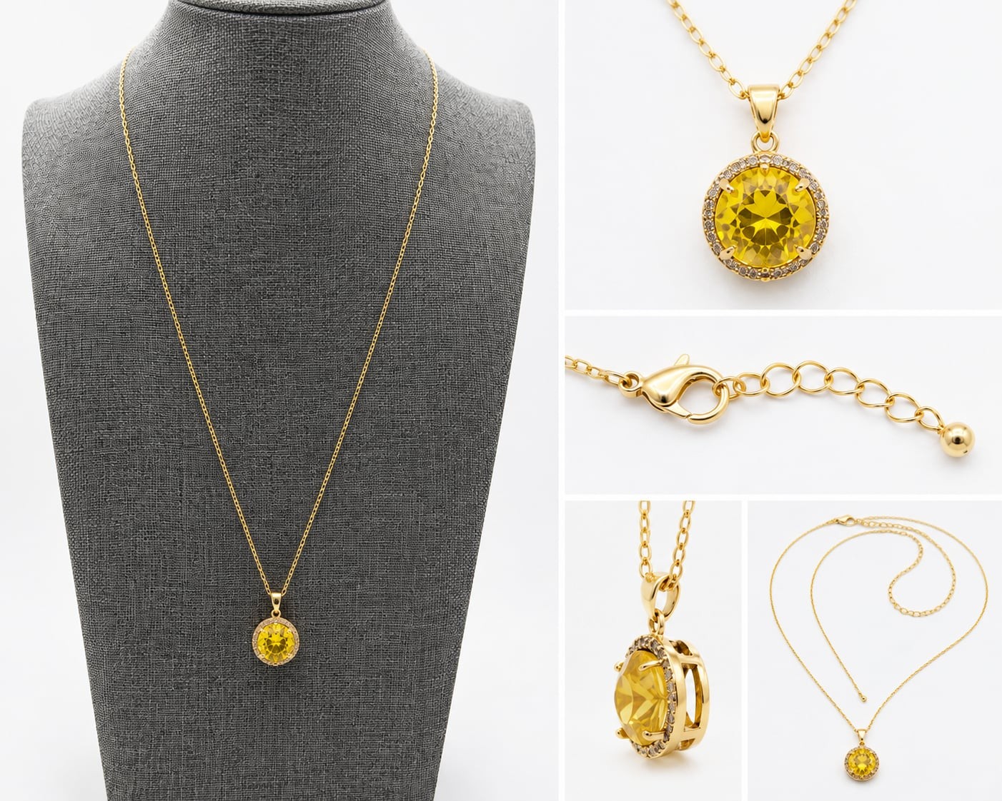 Gold Tone Yellow Crystal Halo Pendant Necklace | Elegant Solitaire Statement Nec