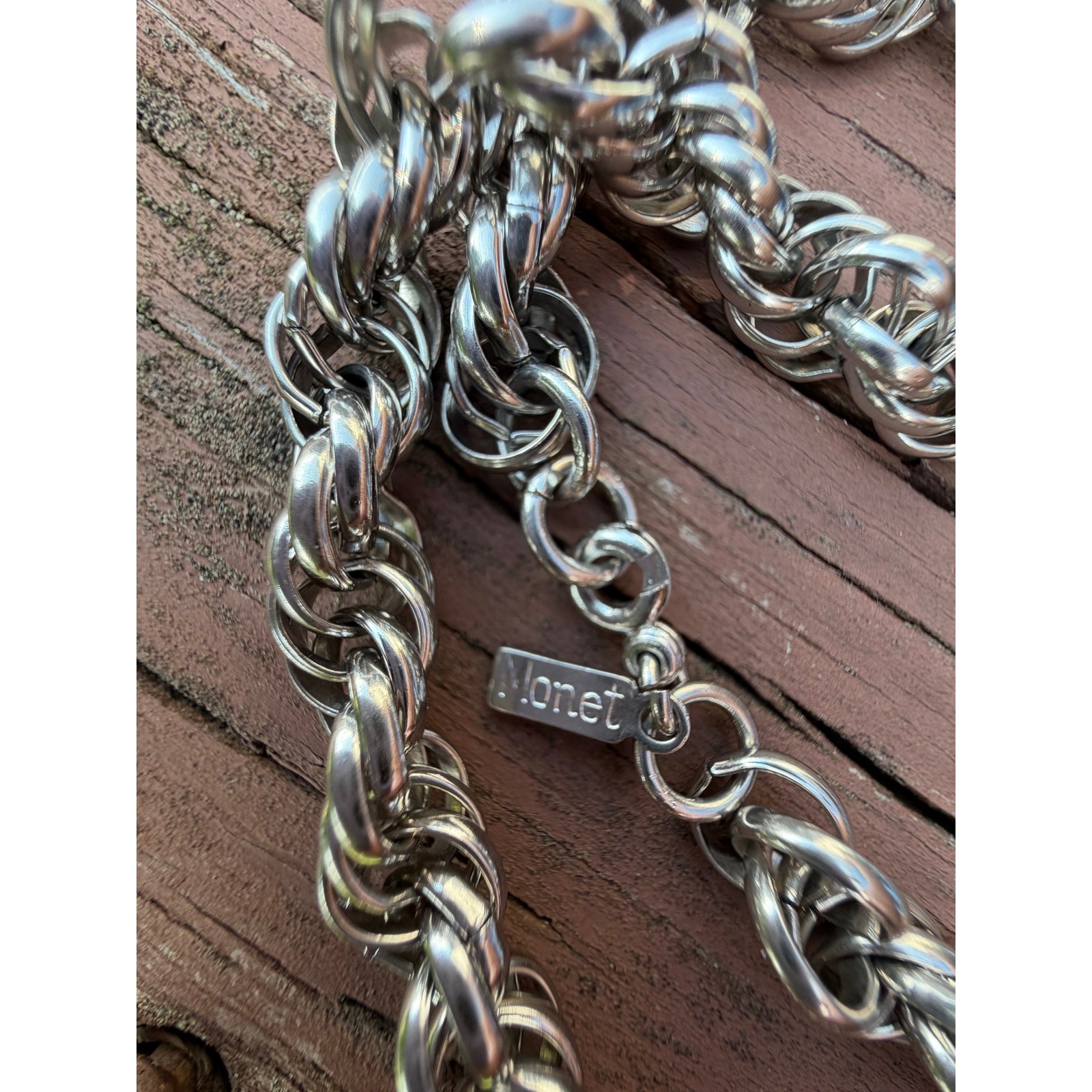 Vintage MONET 60″ Heavy Braided Chain Chunky Silver Tone Rope Necklace
