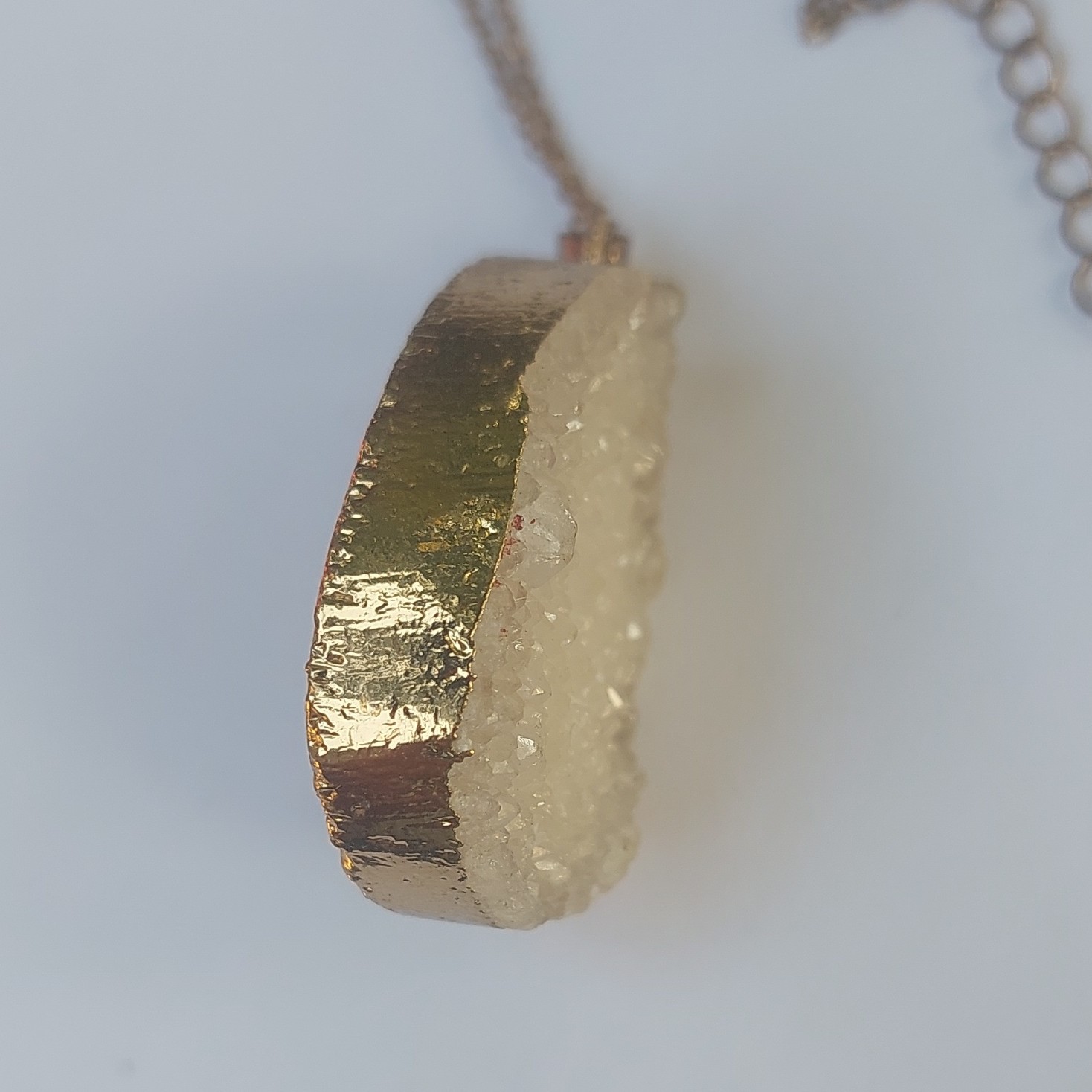 Gold Tone Adjustable Cable Chain Necklace w/ Oval White Quartz Bezel Pendant