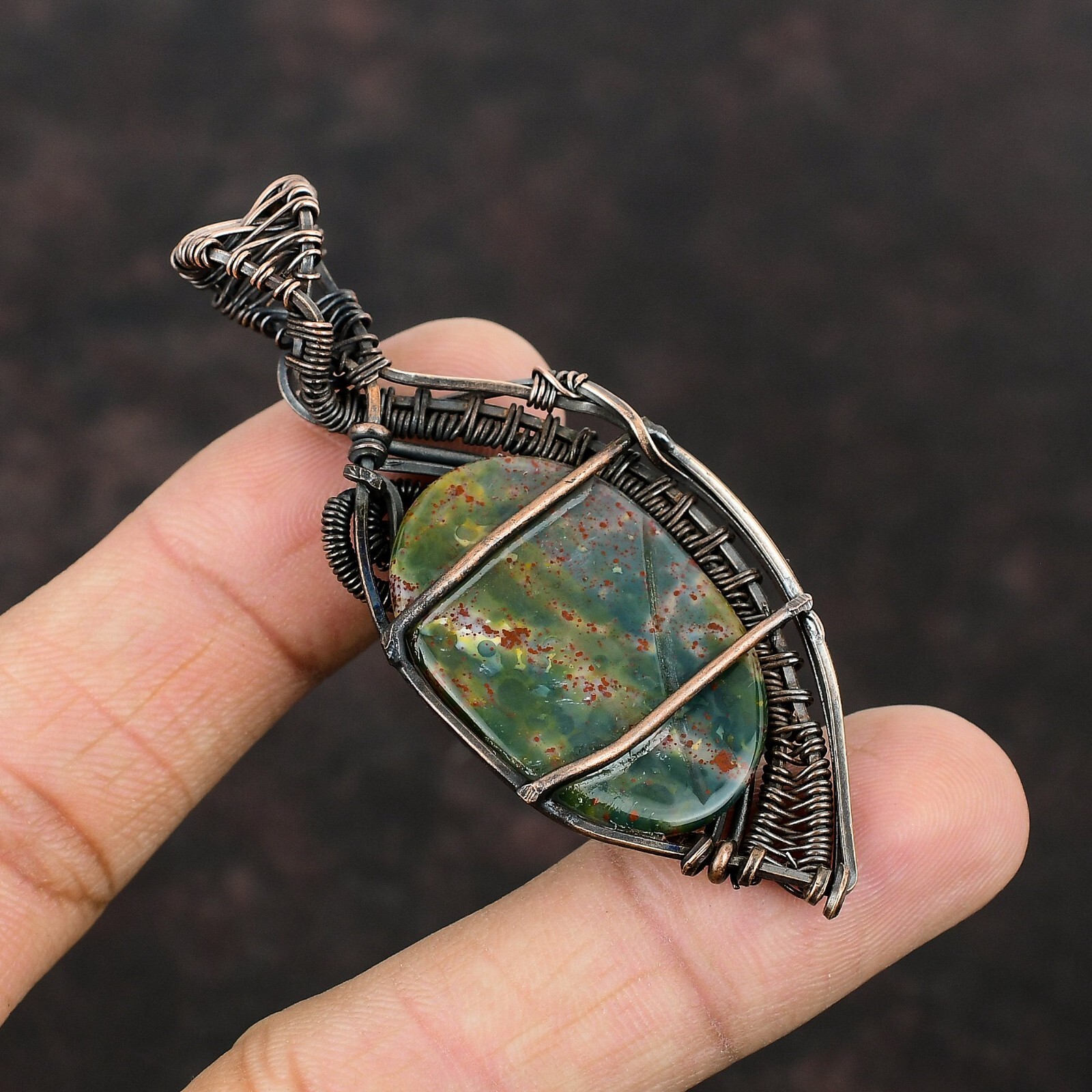 Valentine Gift Bloodstone Jewelry Copper Mom Gift Wire Wrapped Pendant 2.76″