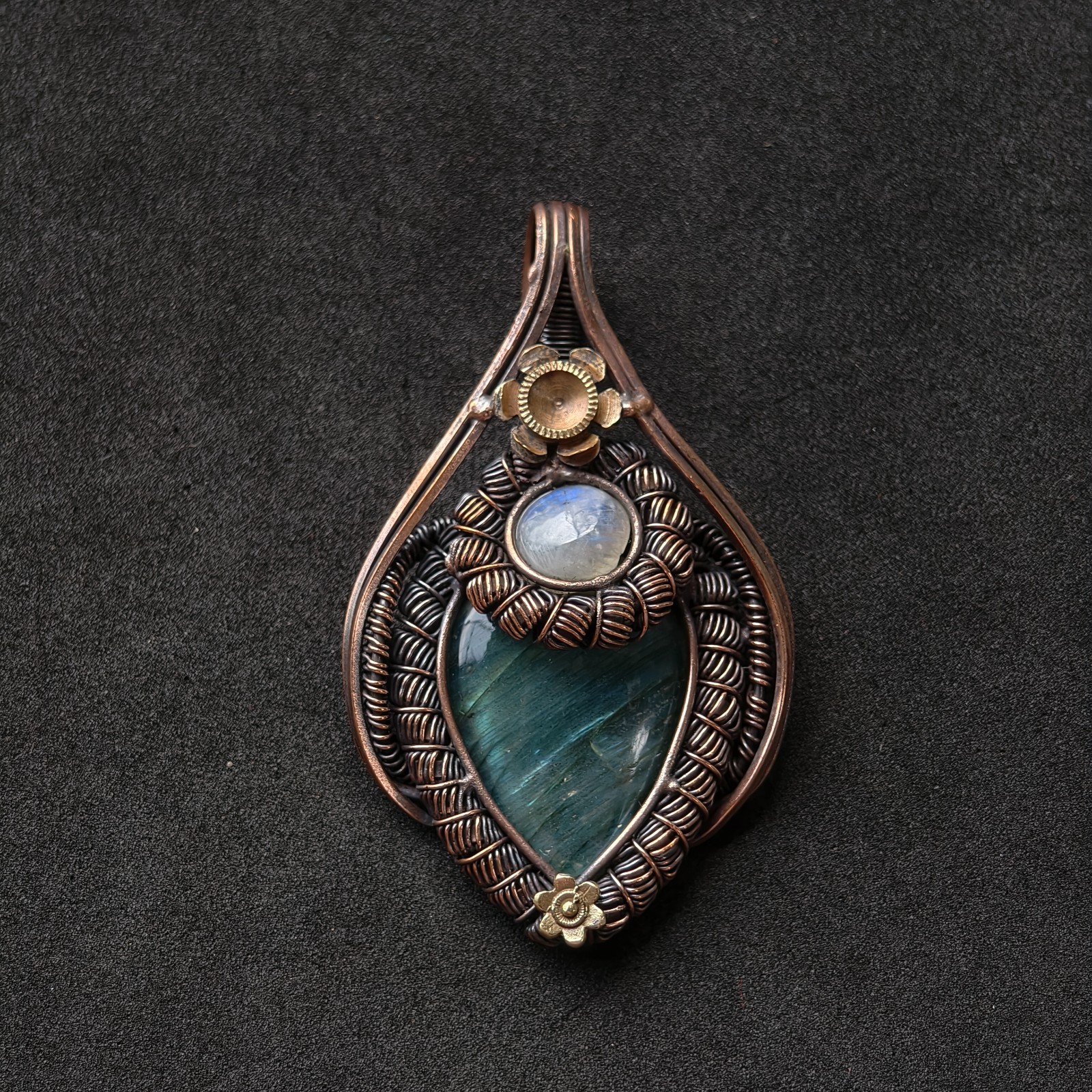 Copper Wire Wrapped Labradorite & Moonstone Pendant Necklace Handmade Boho Jewel