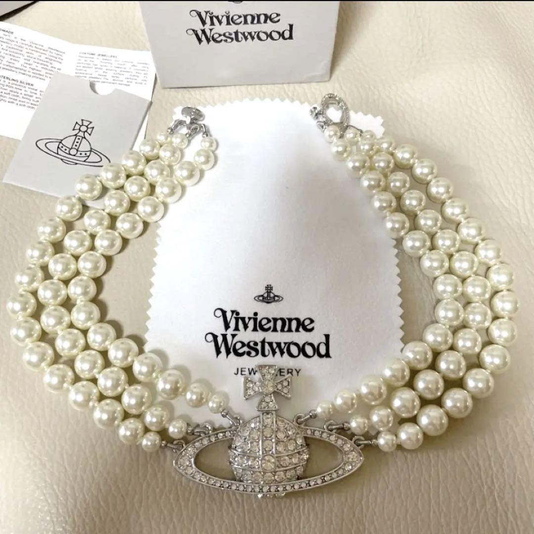 Vivienne Westwood Necklace 3-strand Pearl Choker Silver 40cm w/Pouch NO BOX