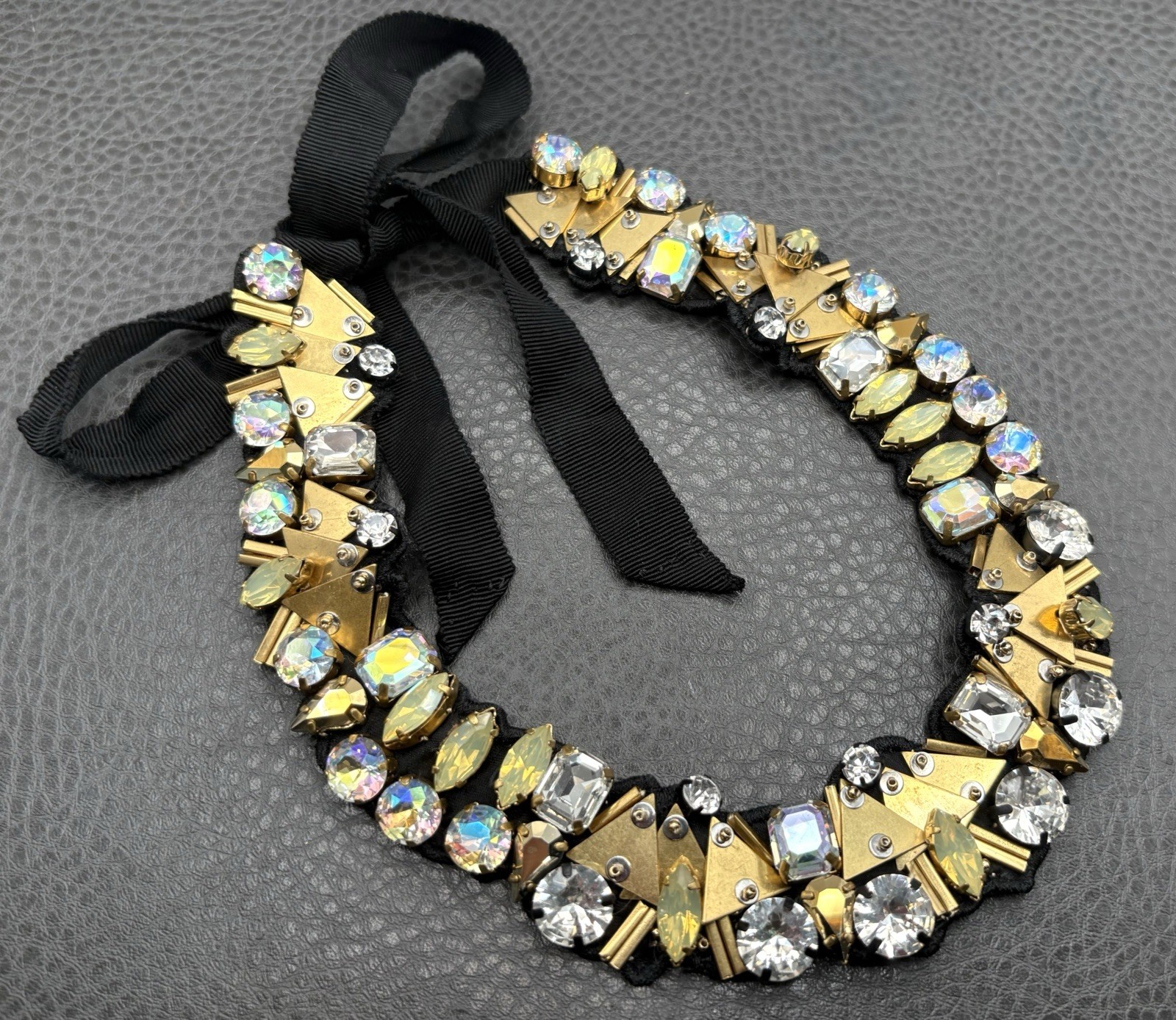 J Crew Crystal Rhinestone Statement Bib Necklace Black Fabric Ribbon Gold Tone
