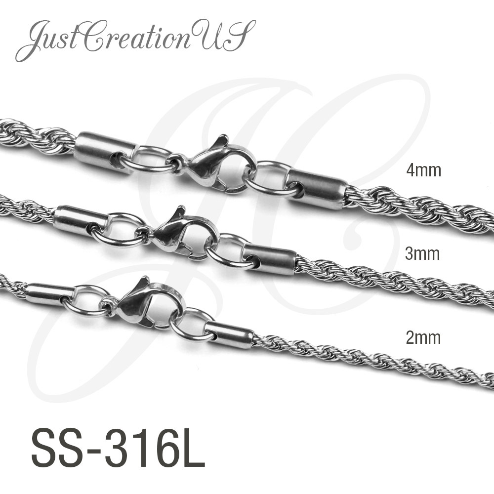 Stainless Steel 316L 2mm 3mm 4mm Rope Chain Necklace Men Women 14in-30in