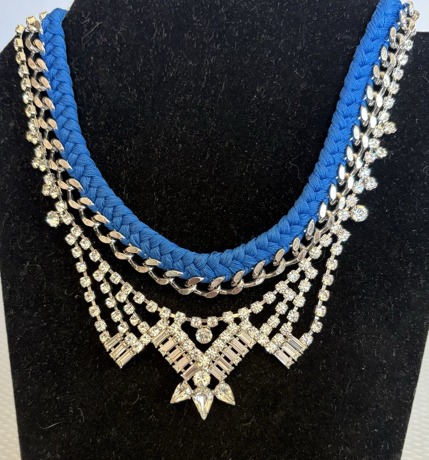 JOOMI LIM Necklace Crystal Rhinestone Layered Blue Woven Cord Chain NYC Designer