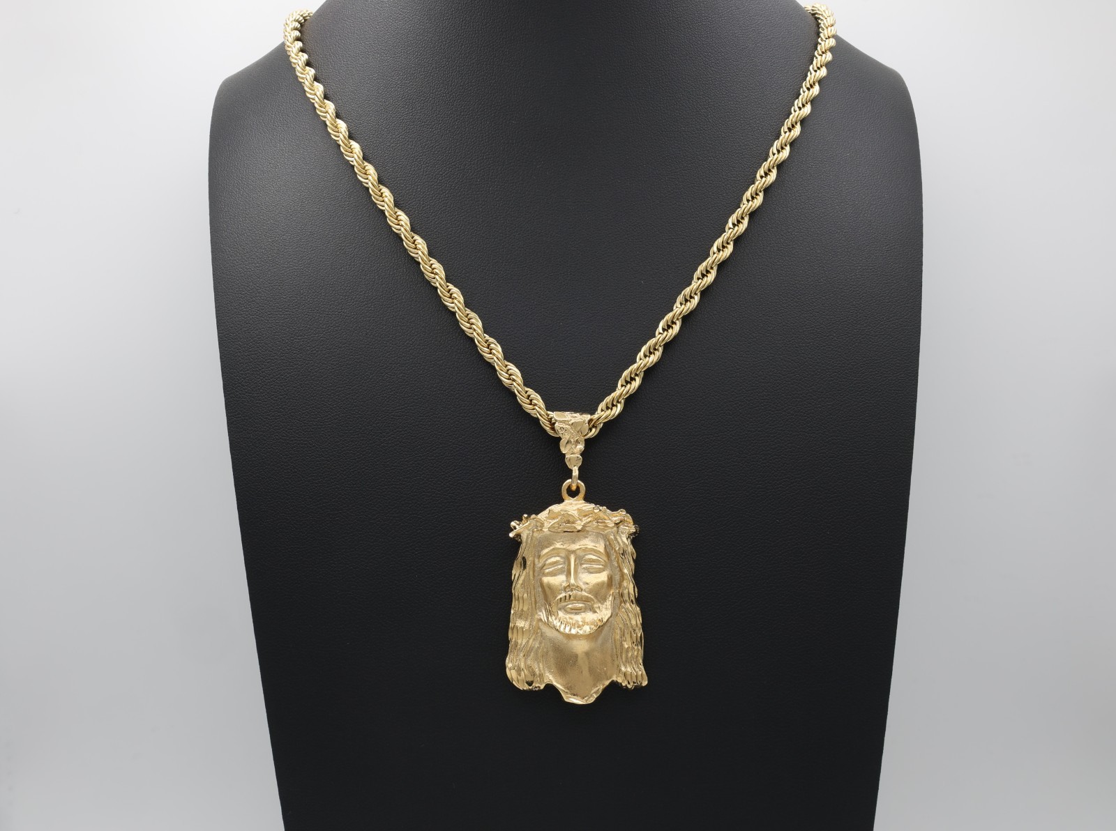 Large Gold Jesus Necklace For Men, 14K Heavy Plated Gold 5mm Rope Chain, No Fade