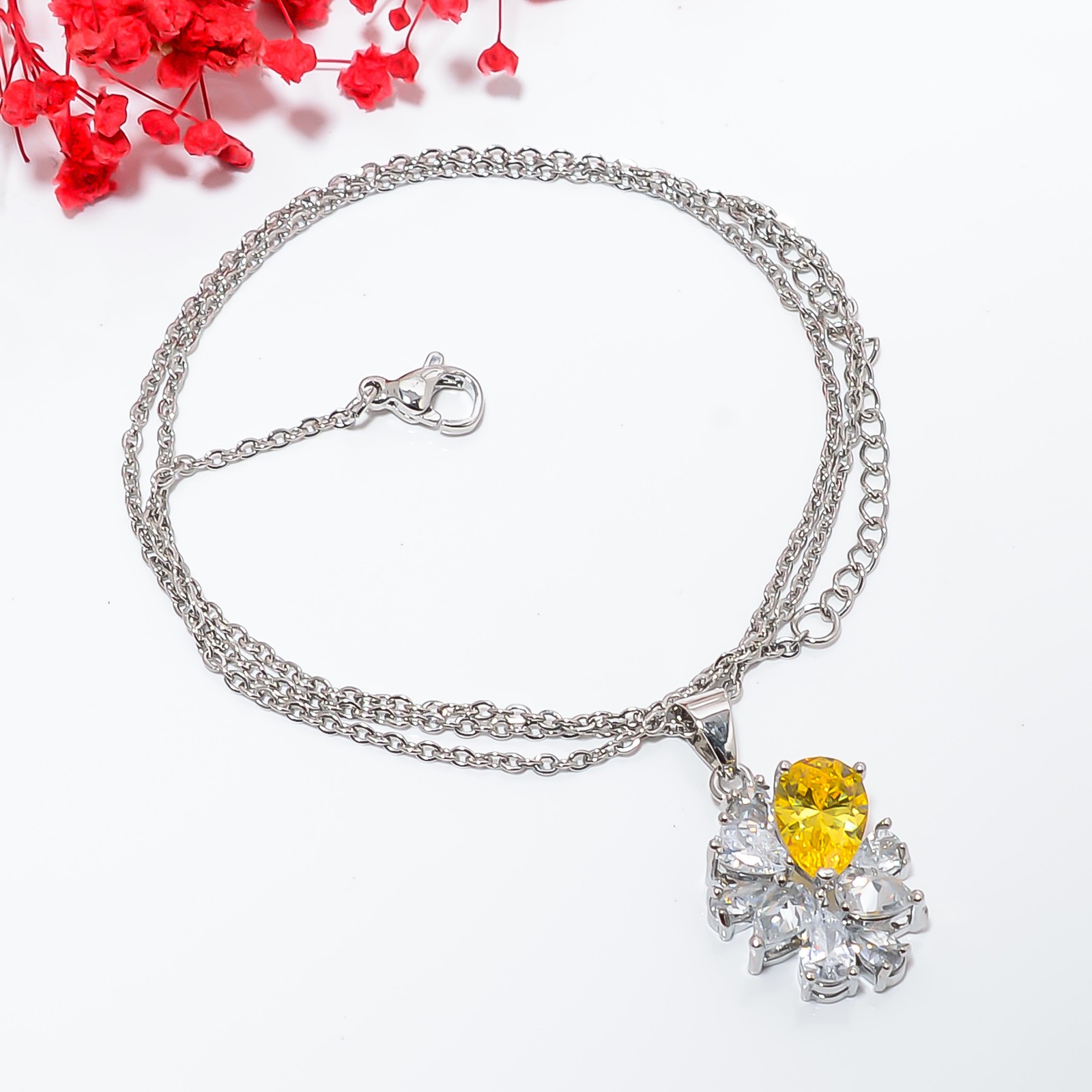 Yellow Sapphire Simulated & White Topaz 925 Silver Pendant Chain 18-20″ CP1214