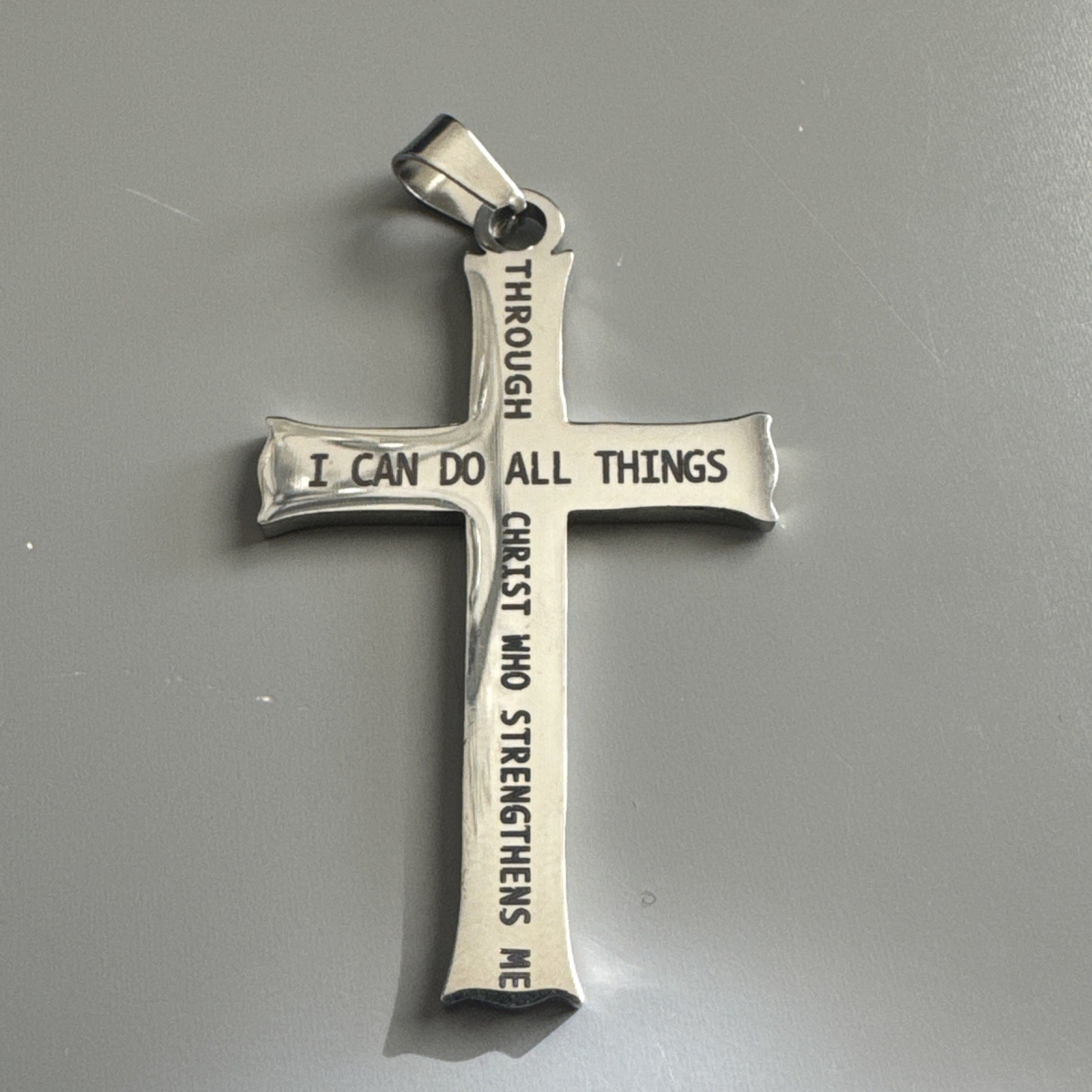 Cross Pendant Scripture Stainless Steel Silver Tone 24 Inch Cuban Link Chain