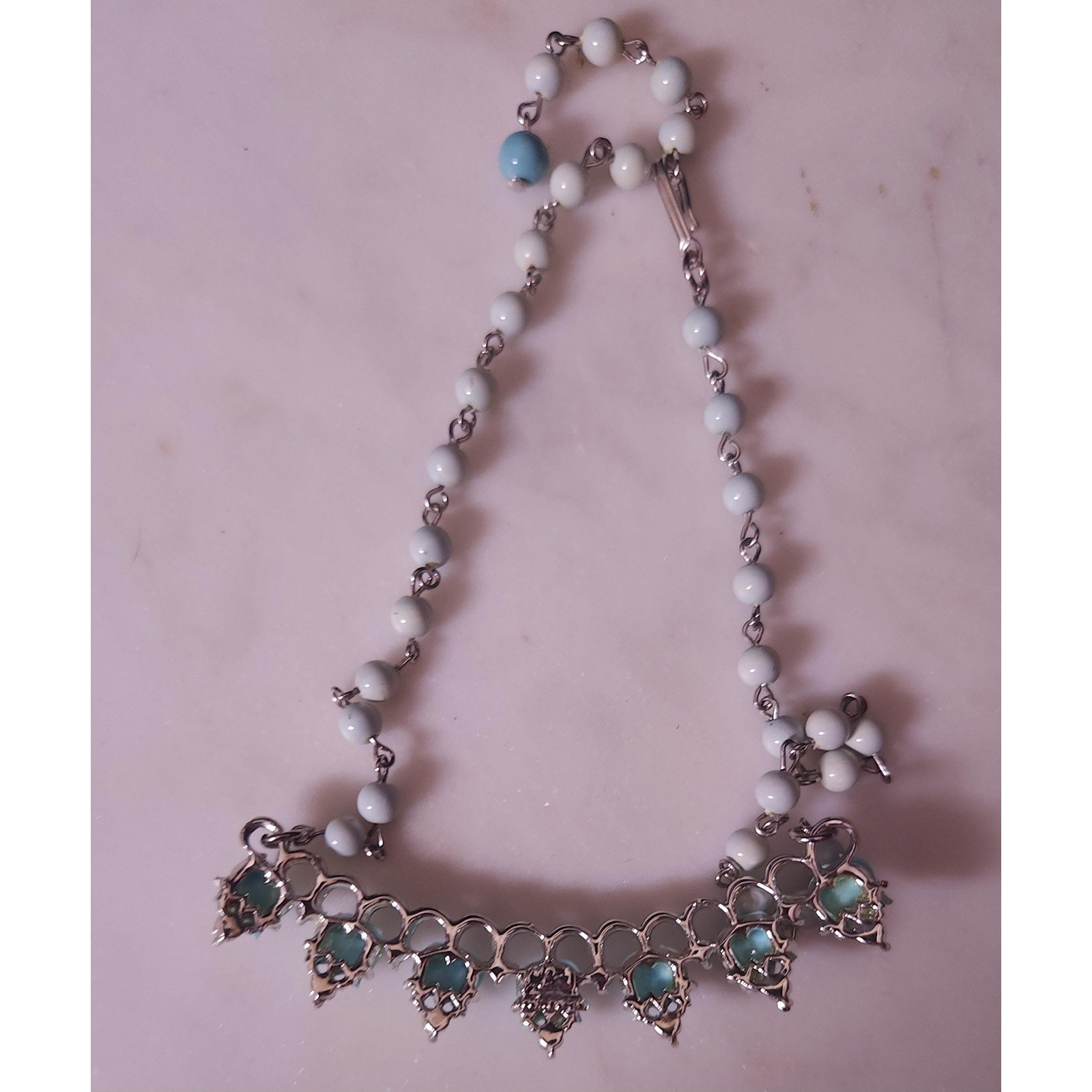 Vintage Turquoise Lucite Tulip Necklace, Rhinestone Floral Statement Jewelry