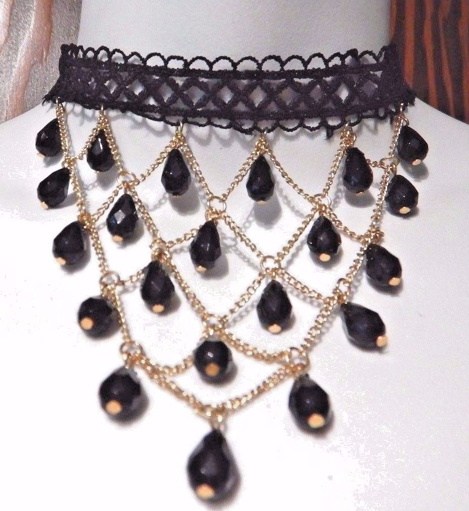 BLACK & GOLD FISHNET BIB CHOKER lace chain beaded gothic necklace new N3