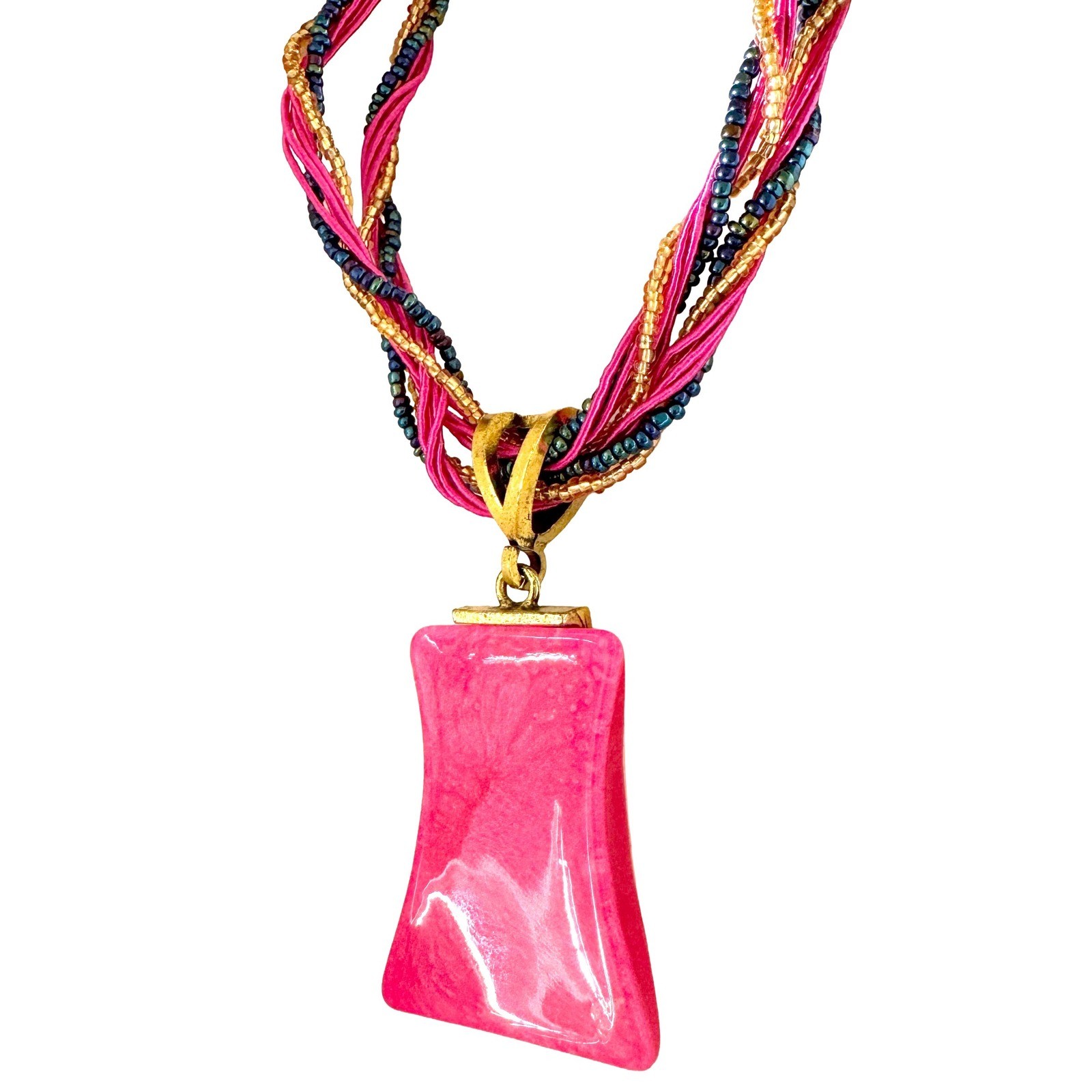 Pink Statement Pendant Necklace Braided Multi Strand Seed Bead Rhinestone Gold