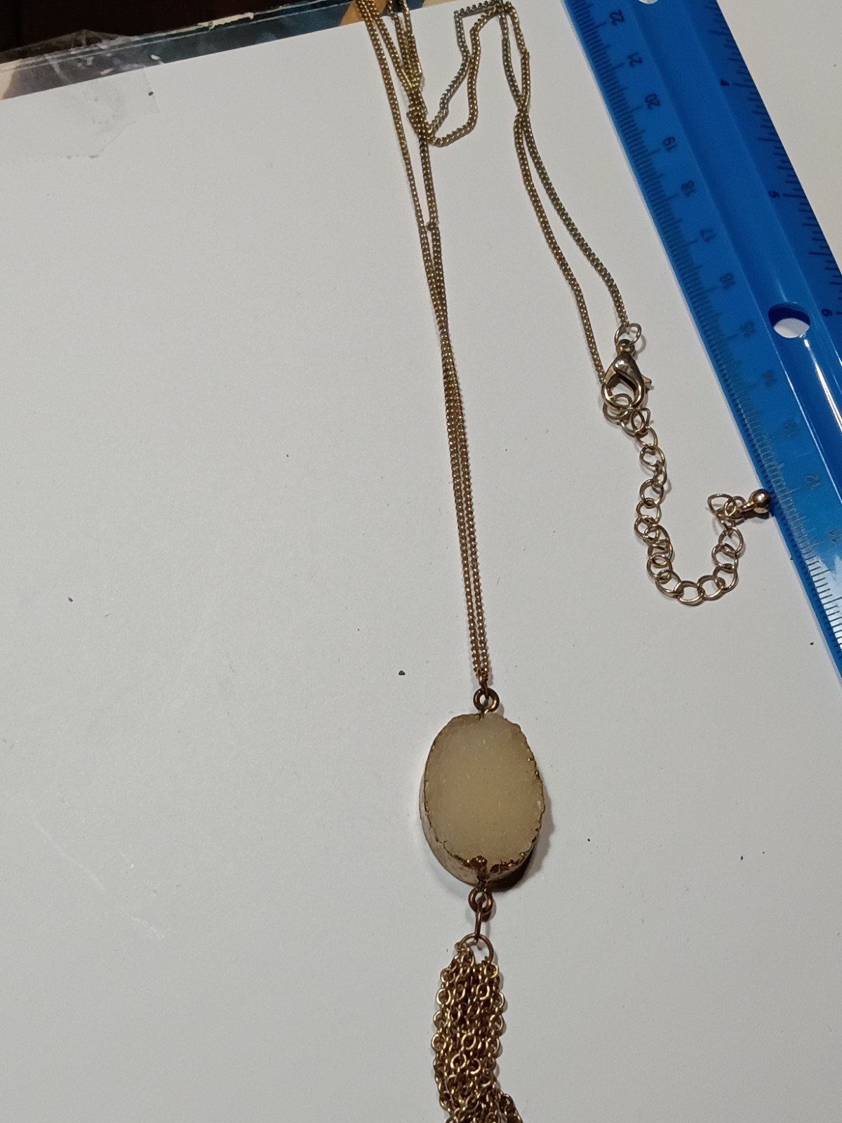 Gold Tone Cable Chain Necklace Oval Beige Stone Bezel Tassel Lobster Clasp