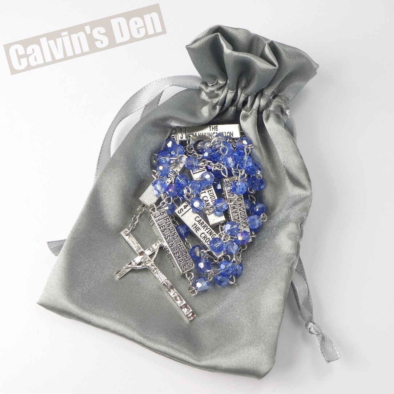 Mysteries of the Rosary Devotional Metal Bead Blue Crystal Necklace Crucifix