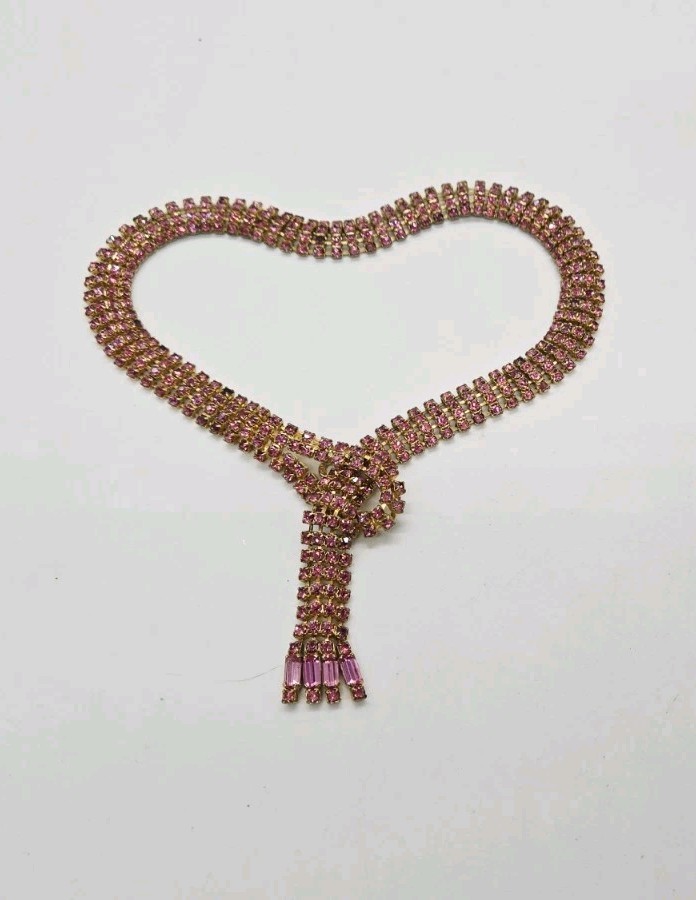 Pink Crystal Knot Lariat Necklace Y drop Gold tone Art Deco Vintage Rare