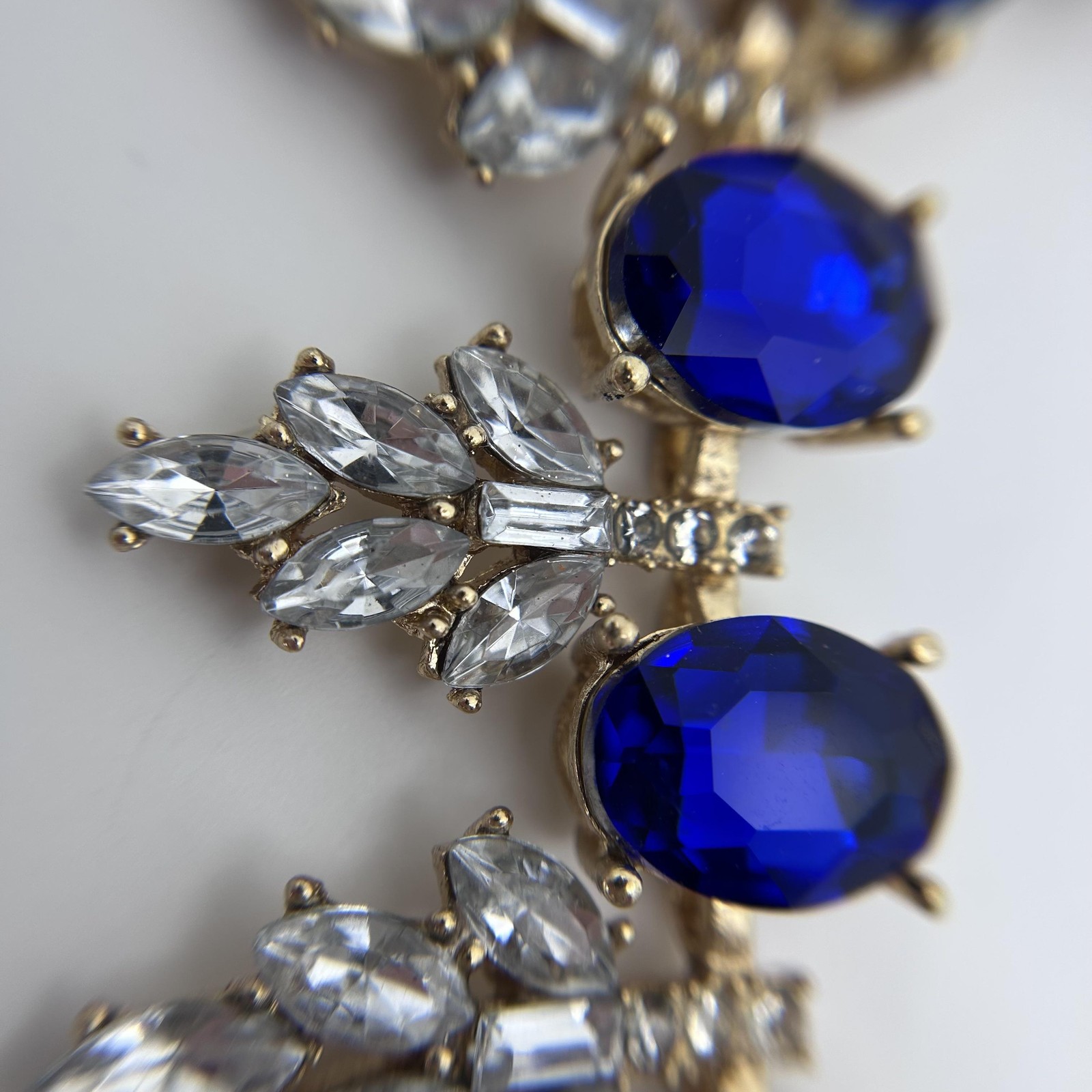 VTG Blue Rhinestone Statement Bib Necklace Gold Tone Crystal Prom Wedding Formal